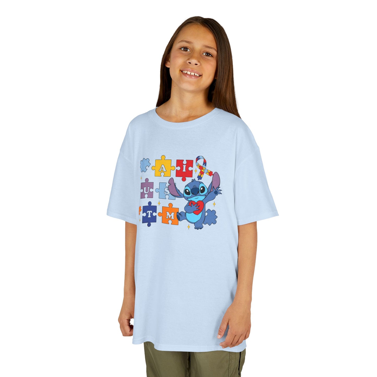 Autism Puzzle Ribbon Kids Tee — Cute Stitch Awareness T-Shirt