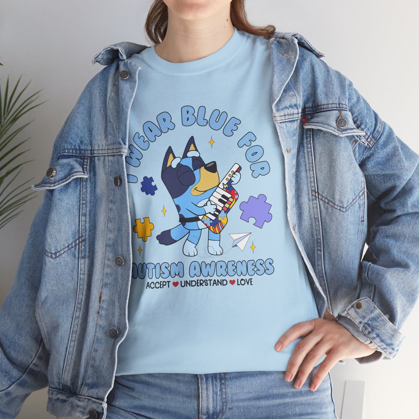 Autism Awareness T-Shirt — "I Wear Blue For" Cute Cat Puzzle Design