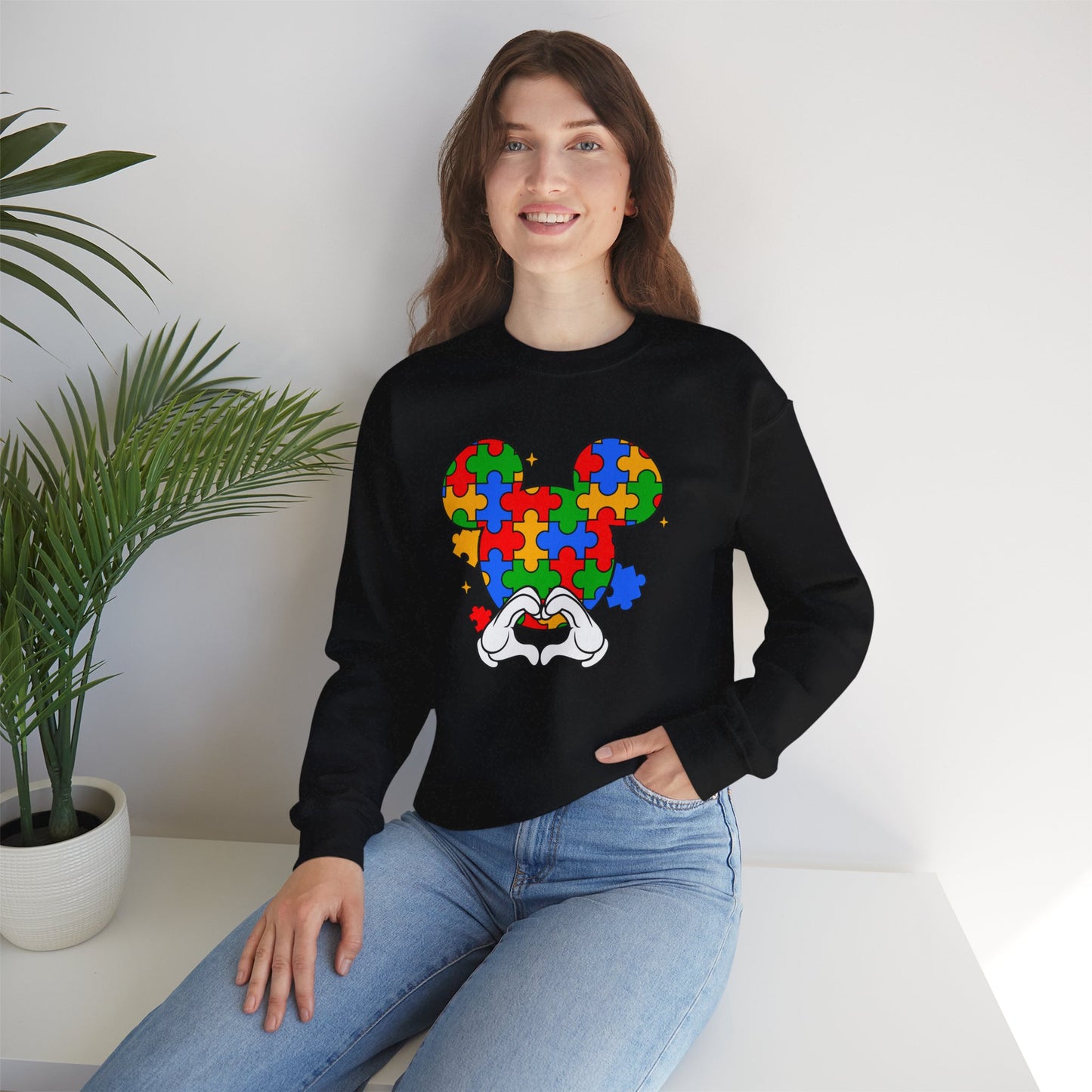 Autism Puzzle Mouse Crewneck Sweatshirt – Colorful Heart Hands Design