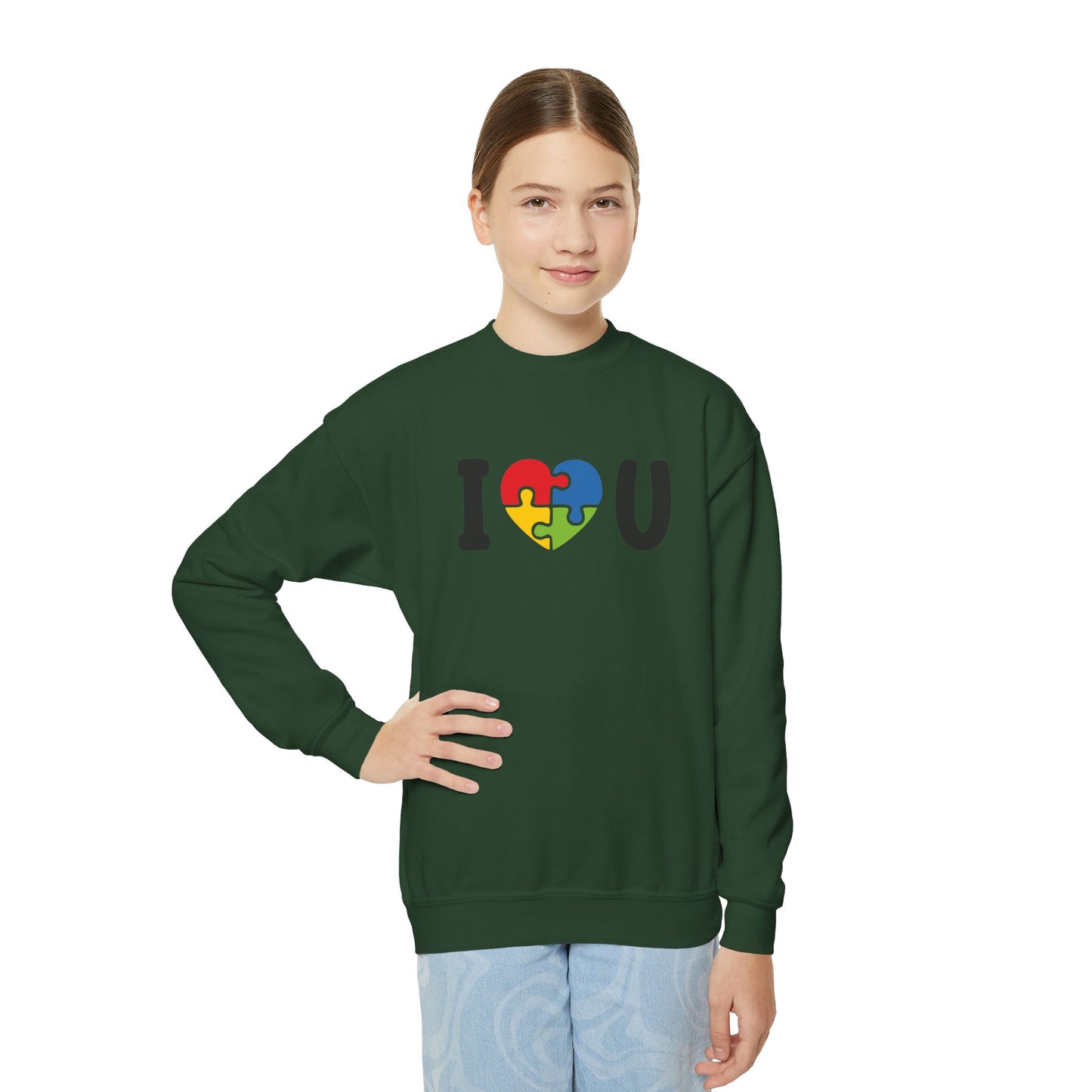 Colorful I  U Puzzle Heart Youth Crewneck Sweatshirt