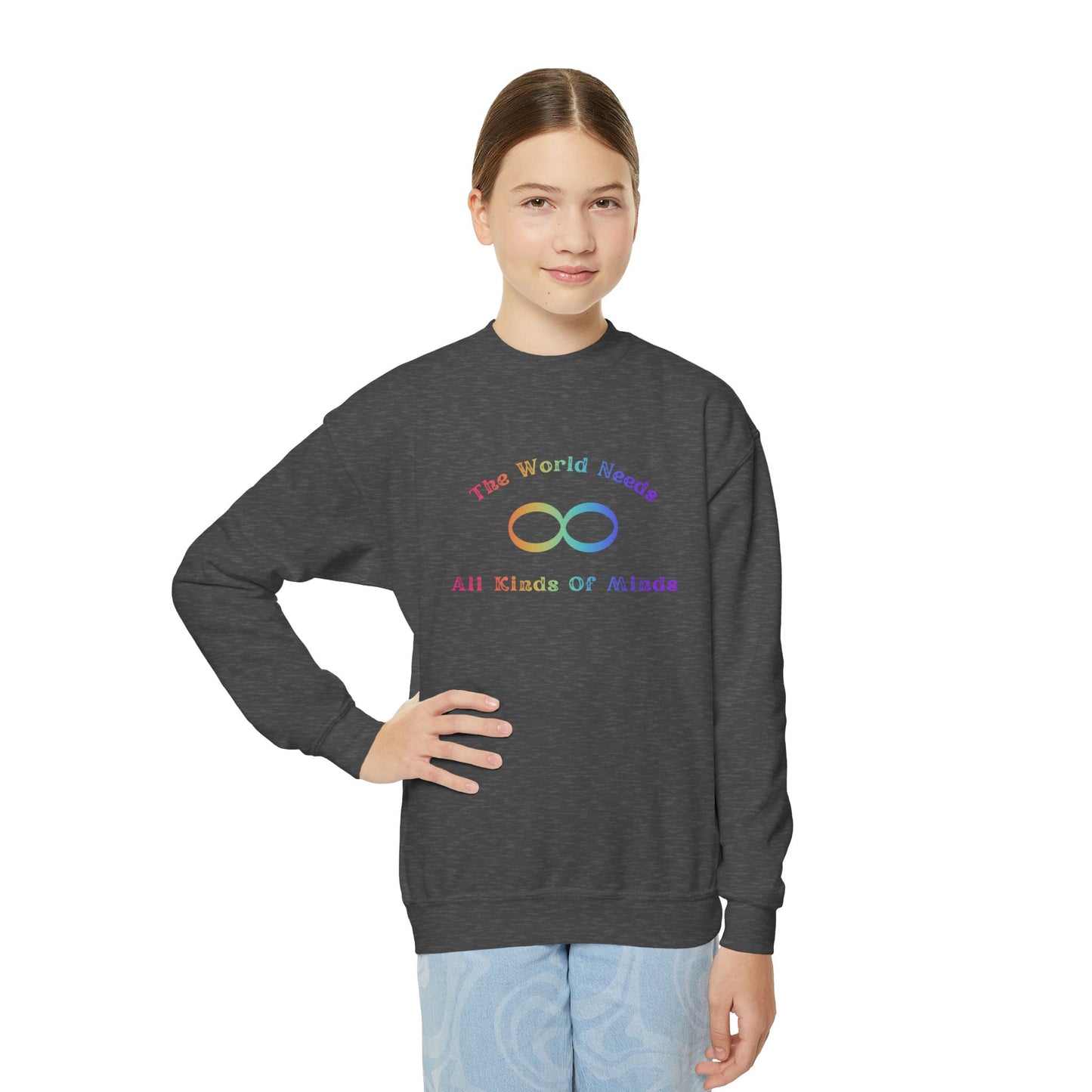 Colorful Youth Crewneck Sweatshirt - 'The World Needs All Kinds of Minds'