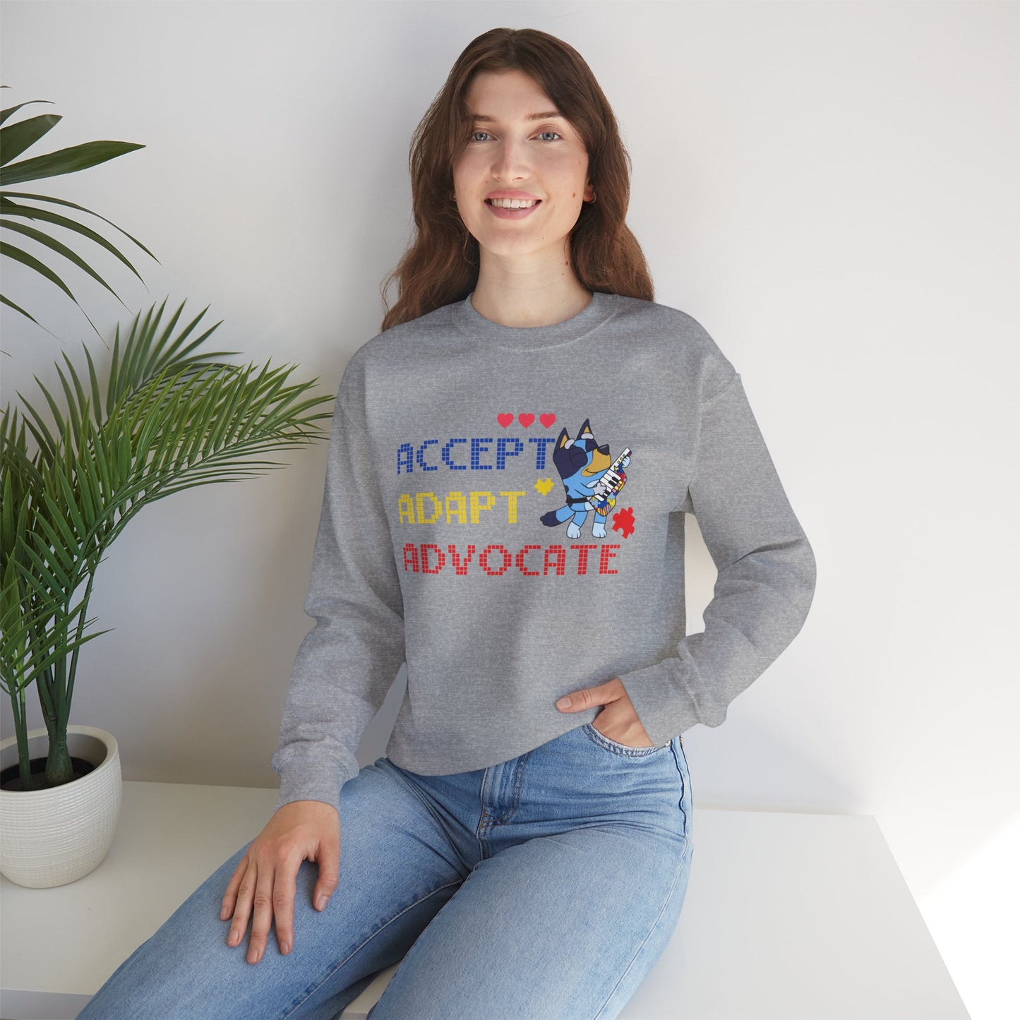 Accept Adapt Advocate Crewneck Sweatshirt — Autism Awareness Sweatshirt with Cute Character