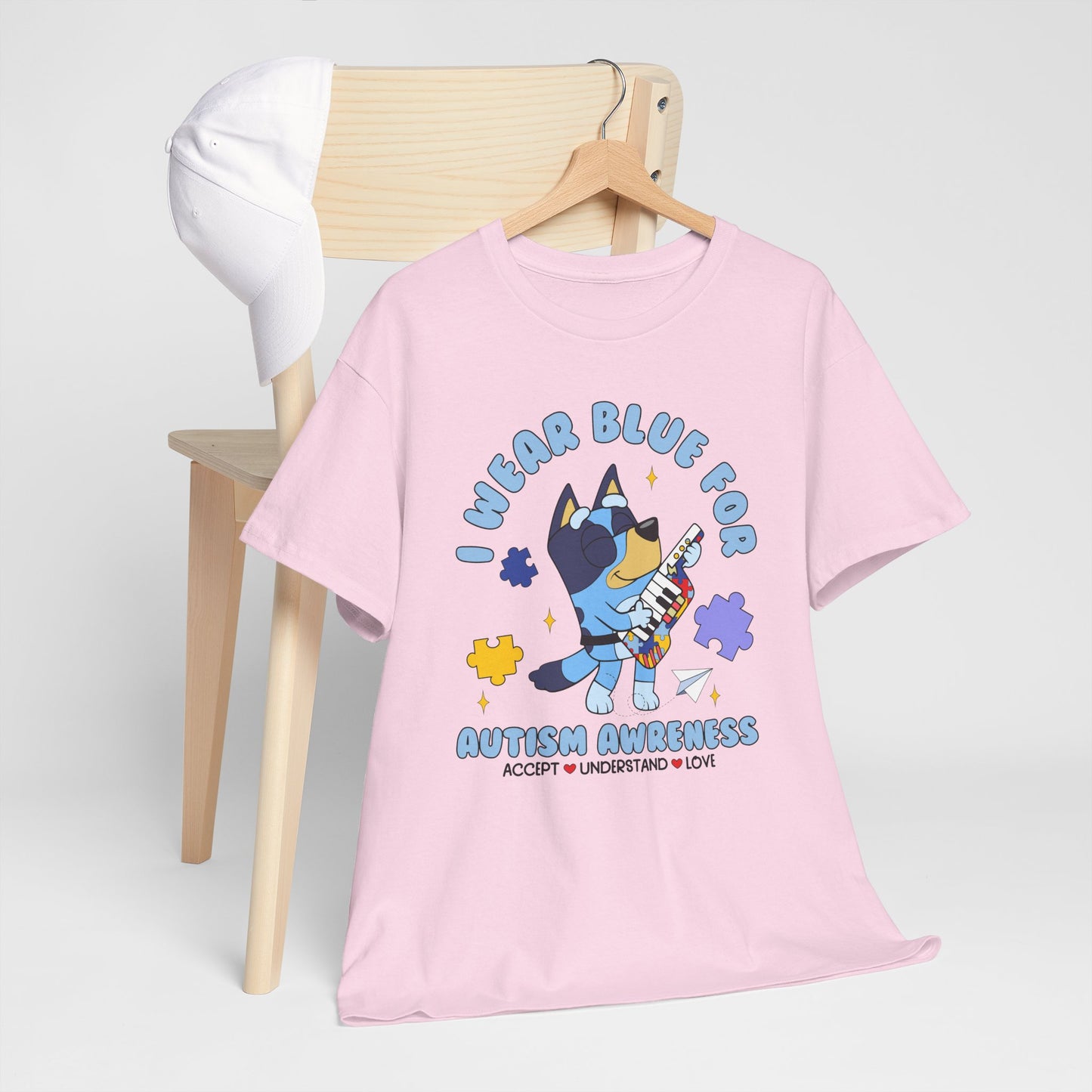 Autism Awareness T-Shirt — "I Wear Blue For" Cute Cat Puzzle Design