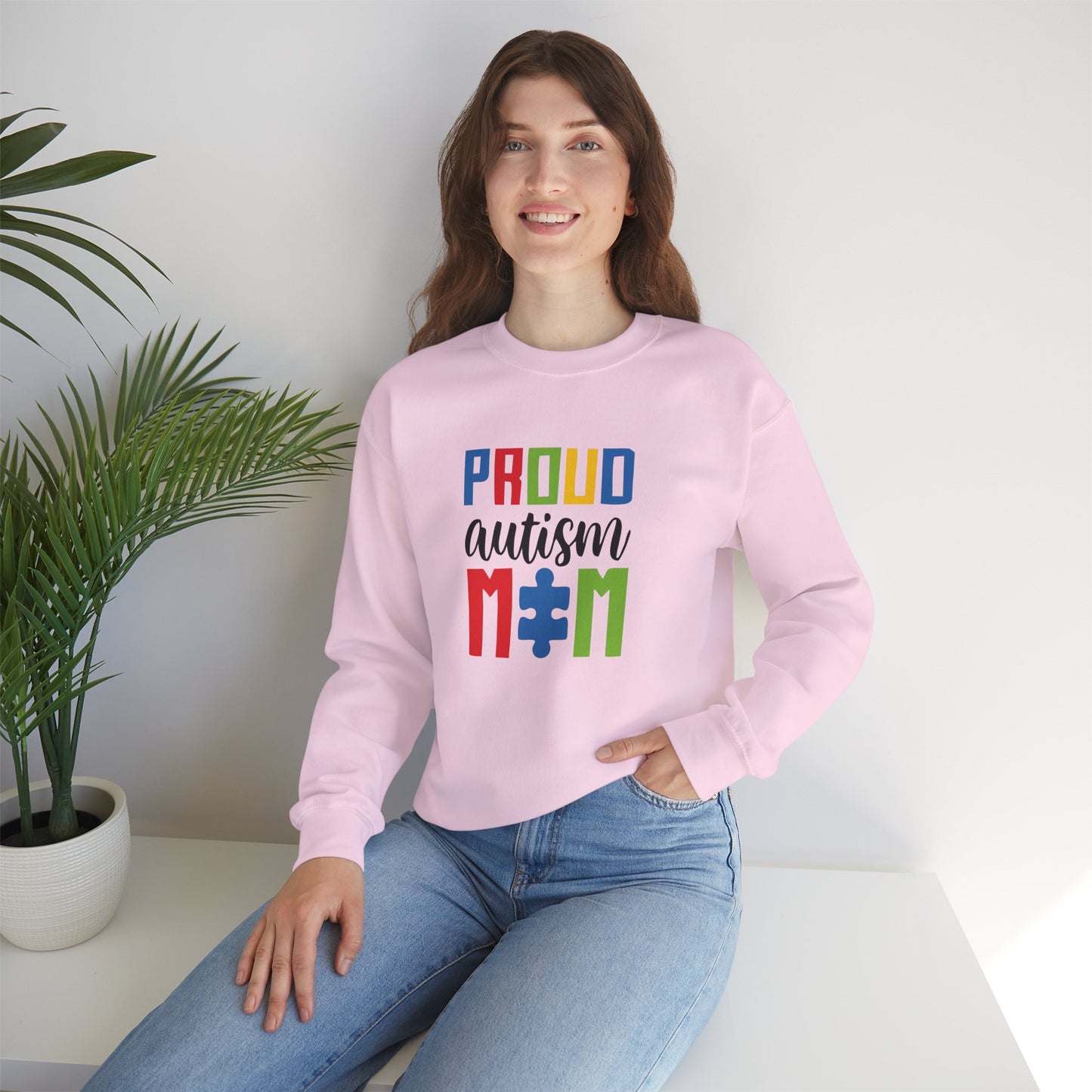 Crewneck Sweatshirt — "Proud Autism Mom" Colorful Puzzle Piece Design