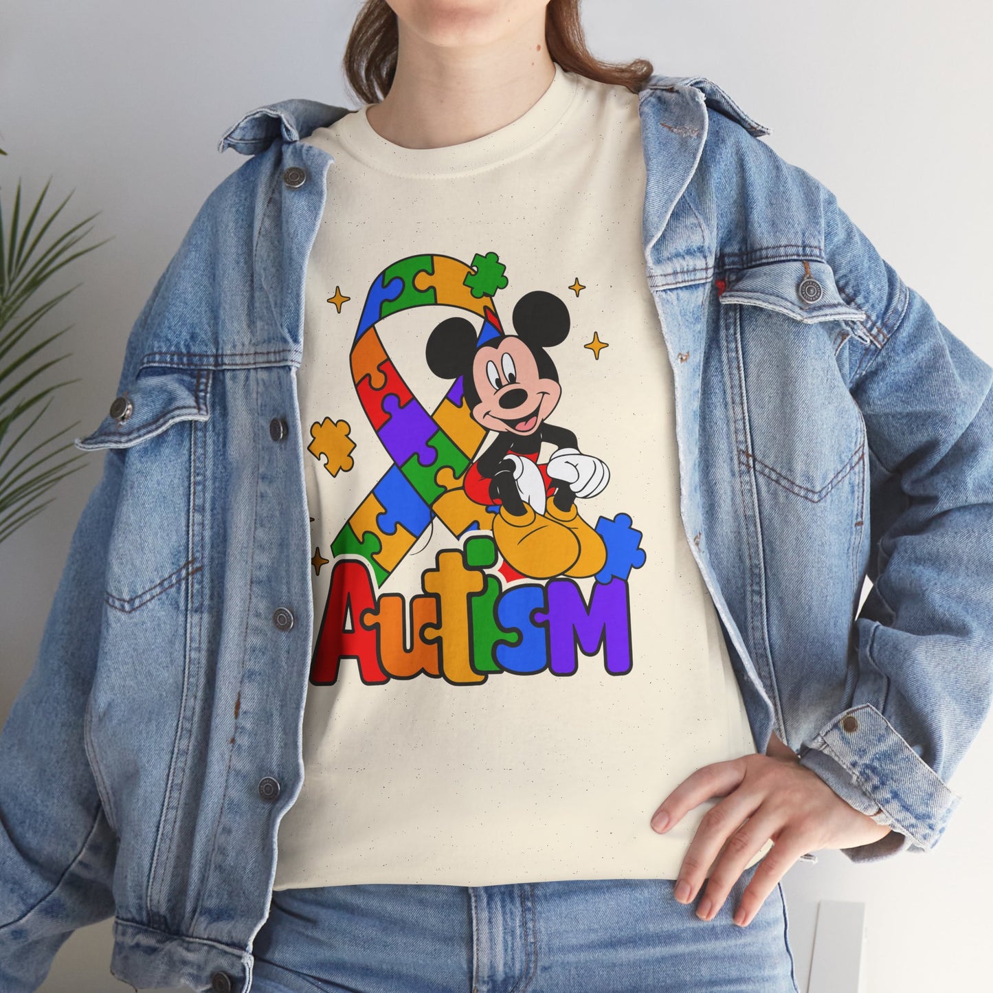 Autism Awareness Tee — Colorful Puzzle Ribbon & Cartoon Mouse Design