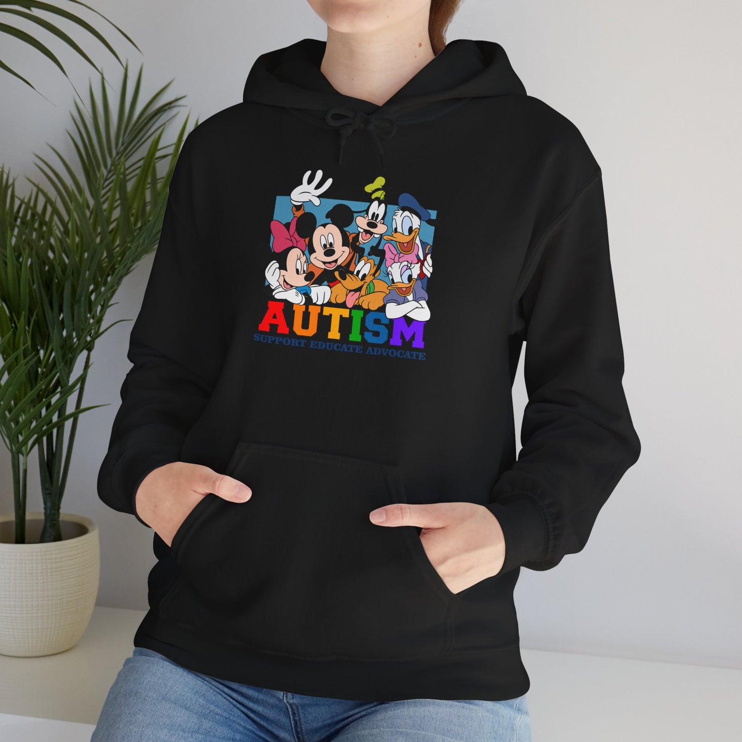 Autism Awareness Hoodie – Colorful Cartoon Characters 'Autism Support, Educate, Advocate'