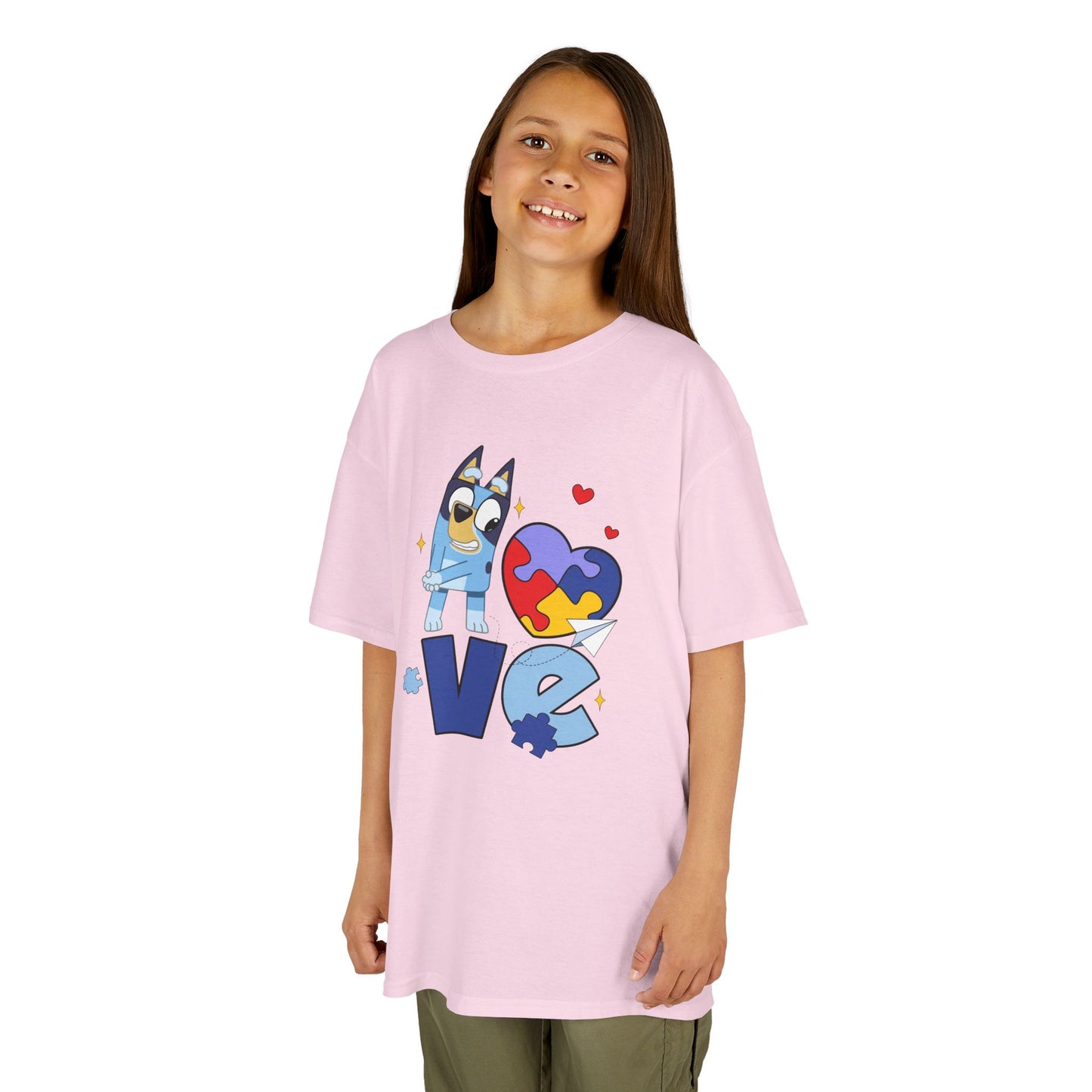 Kids Tee — 'LOVE' Puzzle Heart & Cartoon Character Autism Awareness Shirt