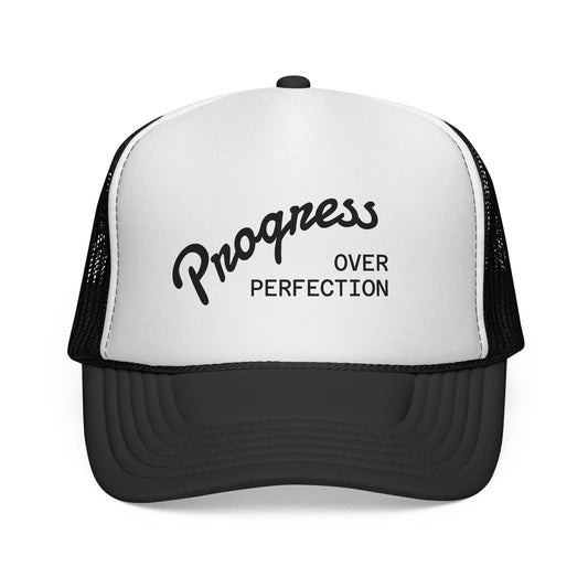 Progress Over Perfection Trucker Cap — Motivational Mesh Baseball Hat