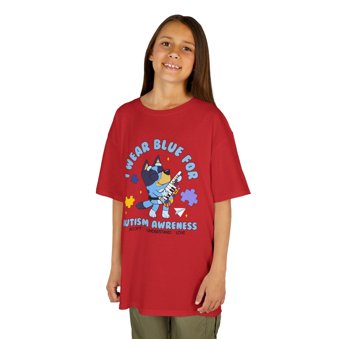 Kids Tee — 'I Wear Blue for Autism Awareness' Cute Puzzle-Heart Design