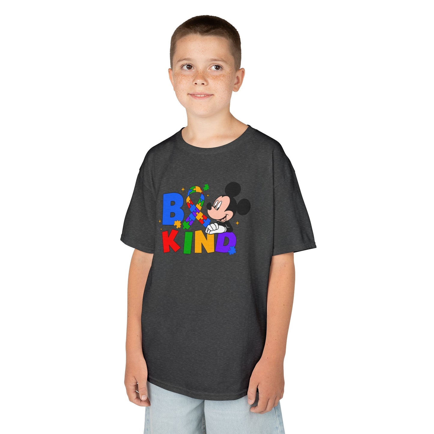 Kids Tee — "Be Kind" Rainbow Cartoon Character Graphic