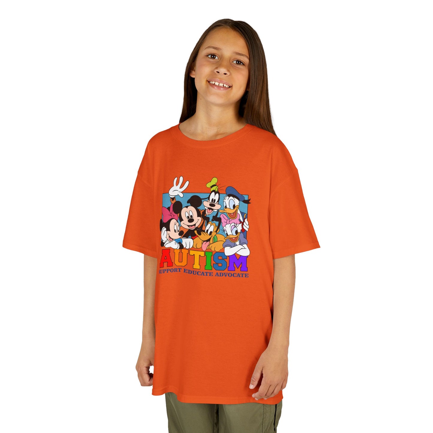 Kids Autism Awareness T-Shirt — Support, Educate, Advocate (Rainbow Letters)