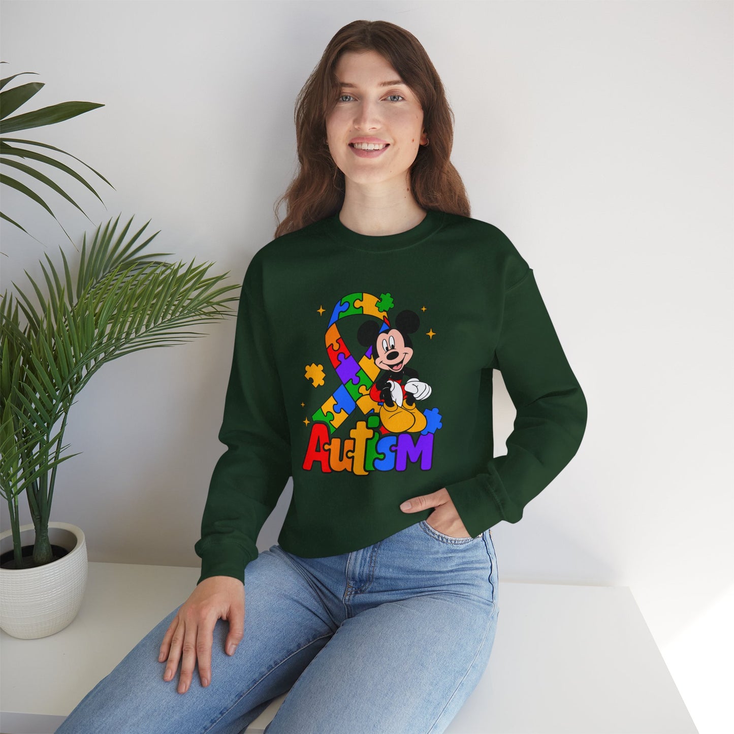 Autism Awareness Crewneck Sweatshirt — Colorful Puzzle Ribbon Design
