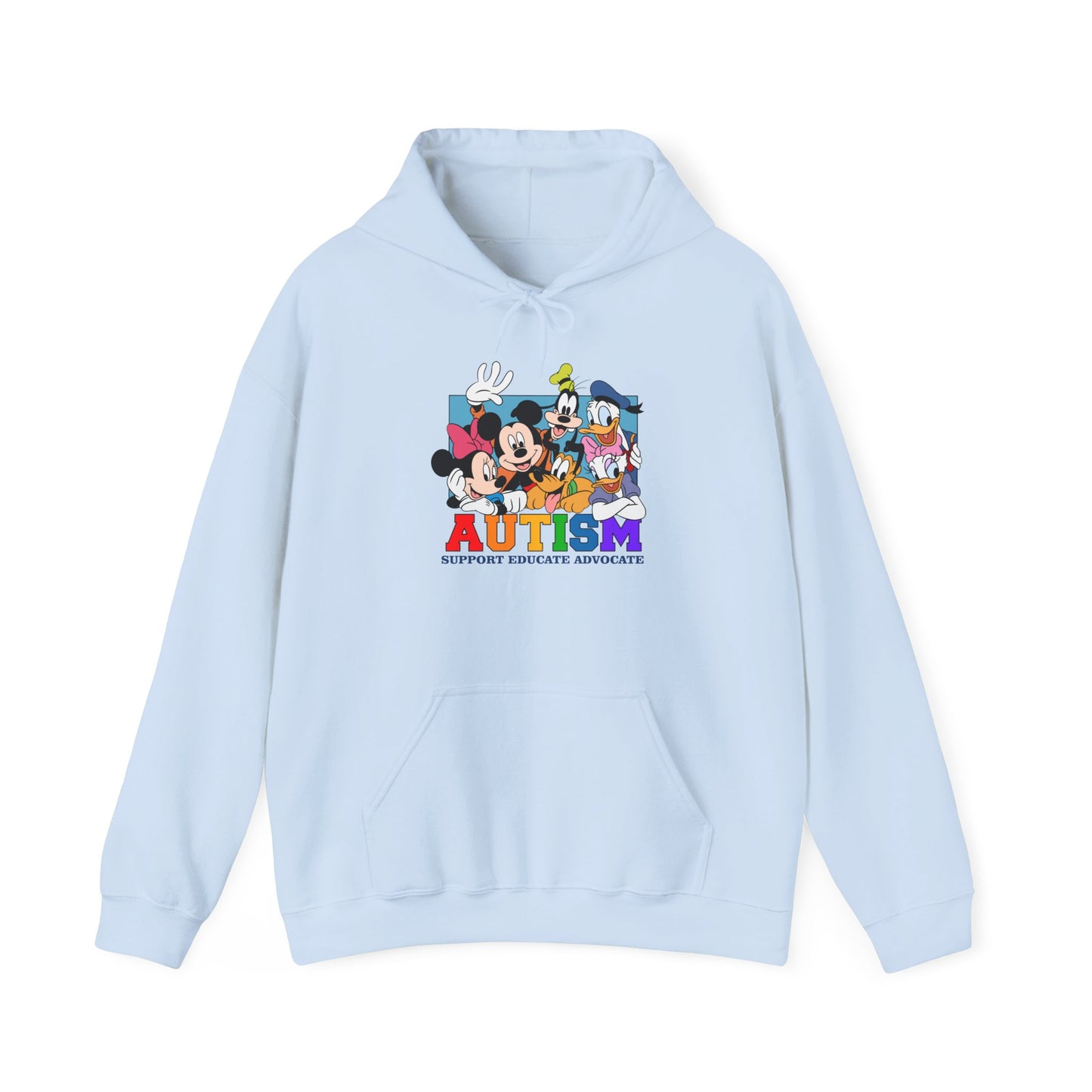 Autism Awareness Hoodie – Colorful Cartoon Characters 'Autism Support, Educate, Advocate'