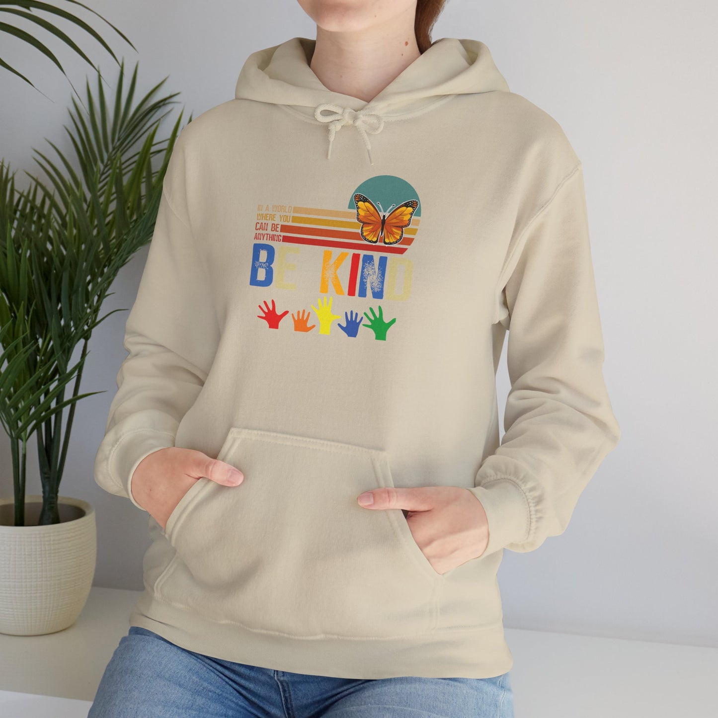 Be Kind Rainbow Hoodie — Retro Sunset Hands Kindness Sweatshirt
