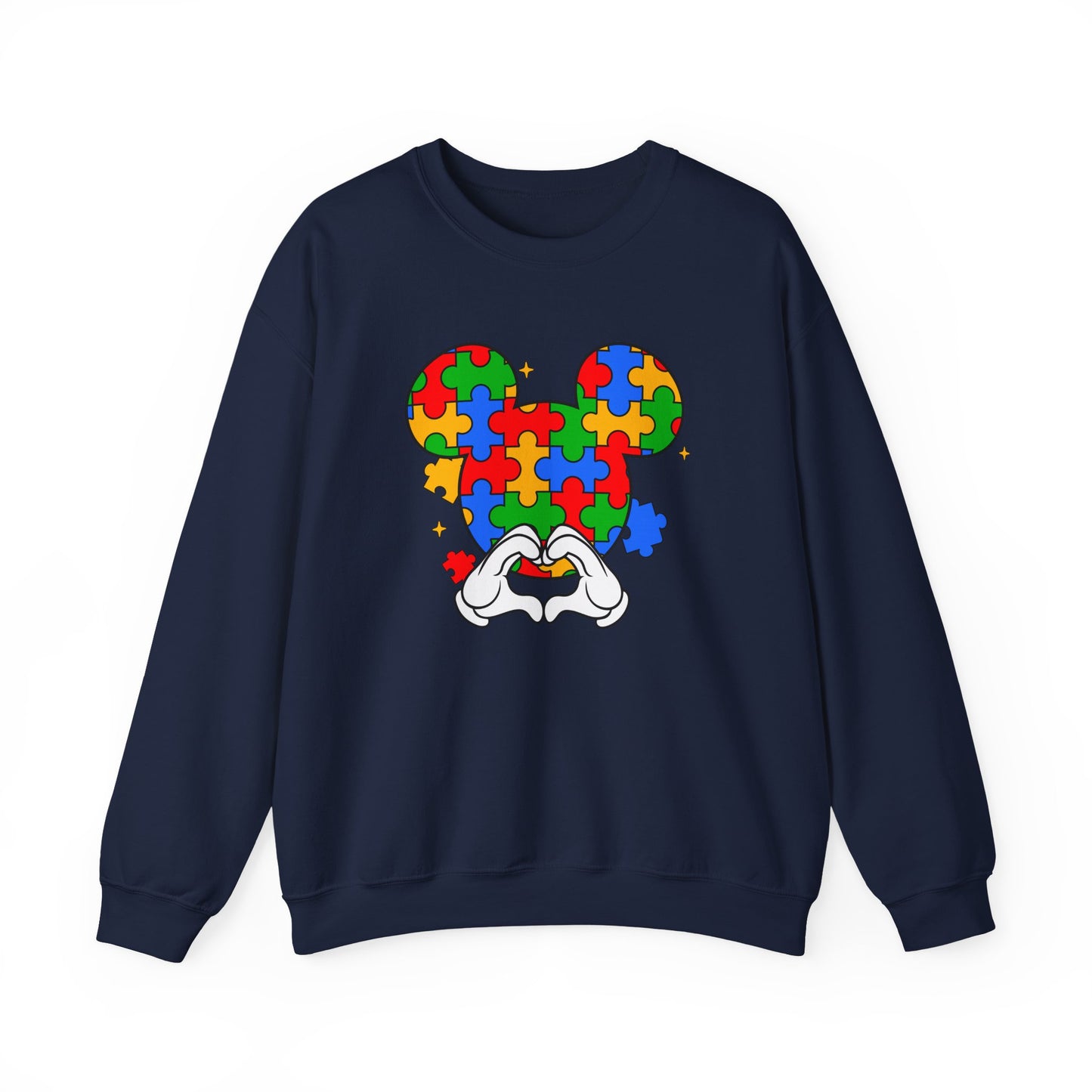 Autism Puzzle Mouse Crewneck Sweatshirt – Colorful Heart Hands Design