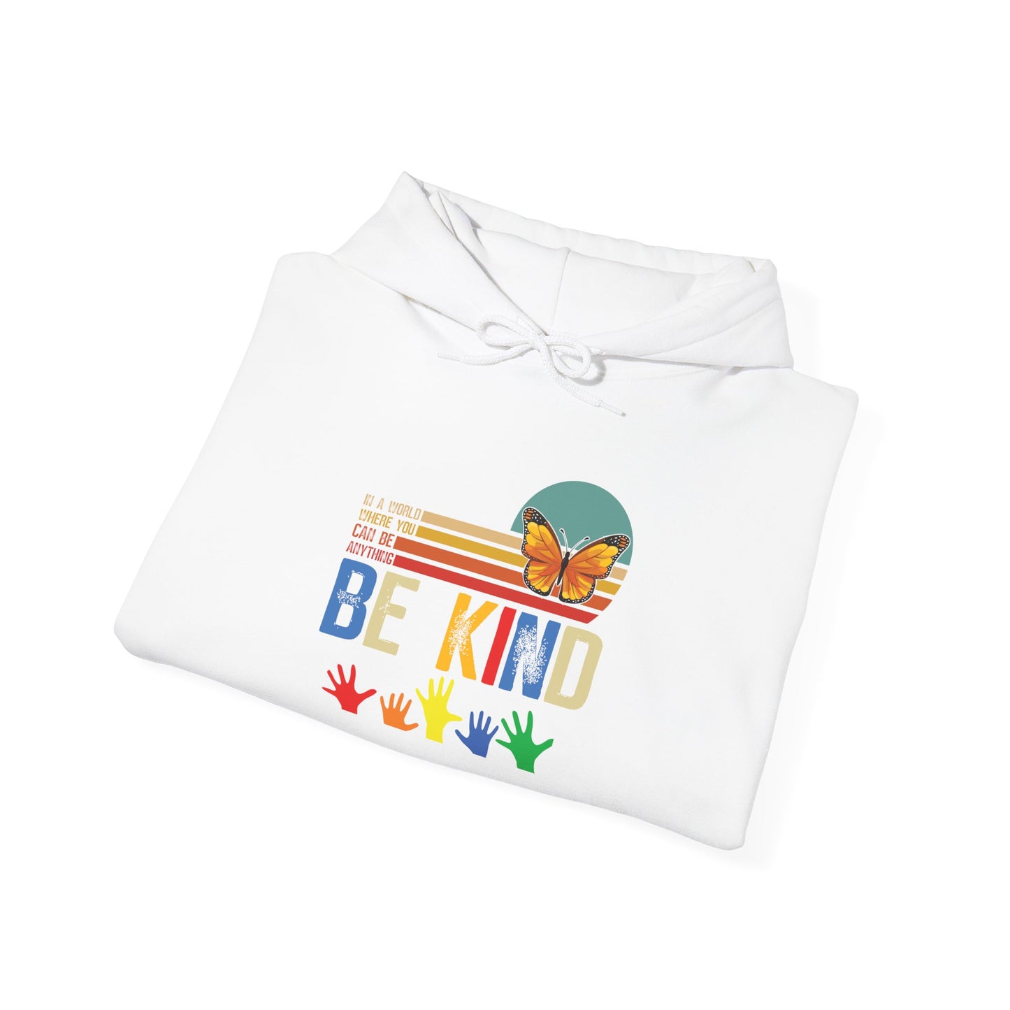 Be Kind Rainbow Hoodie — Retro Sunset Hands Kindness Sweatshirt
