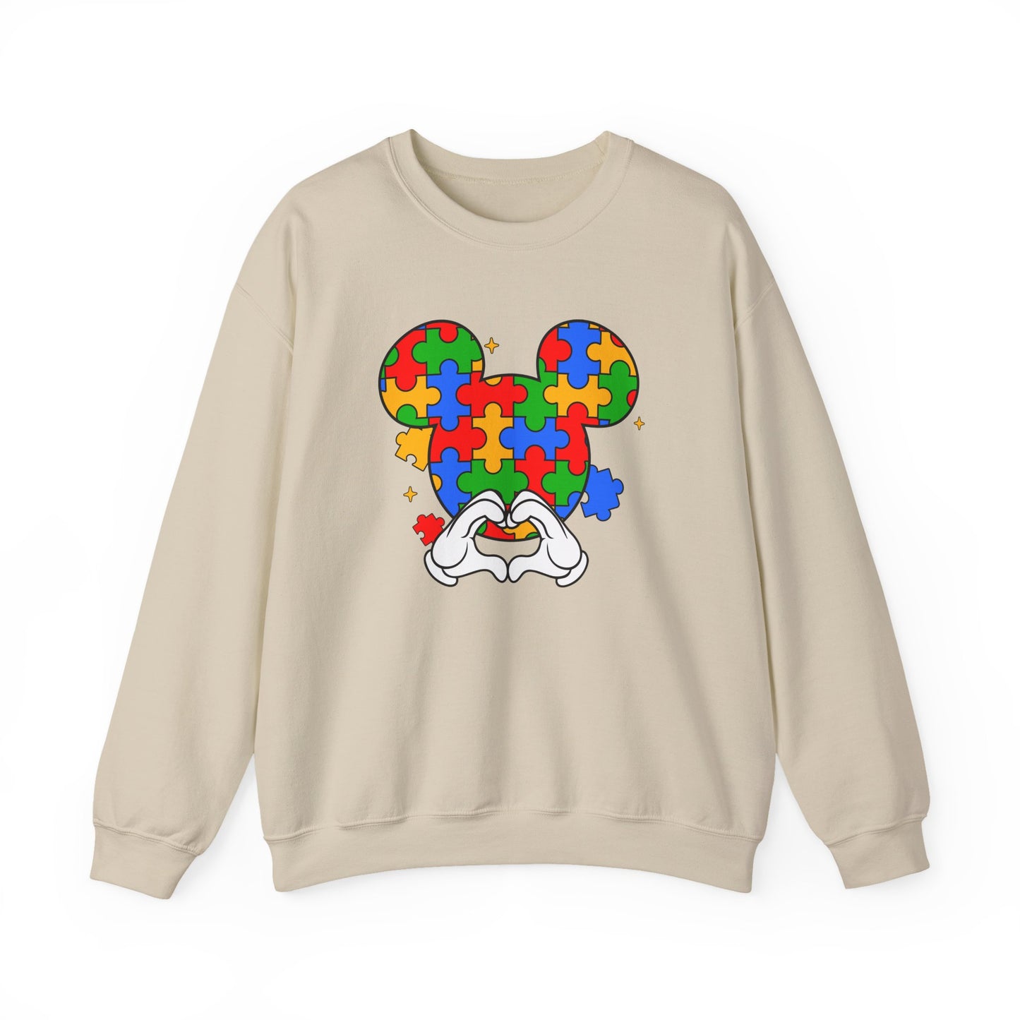 Autism Puzzle Mouse Crewneck Sweatshirt – Colorful Heart Hands Design