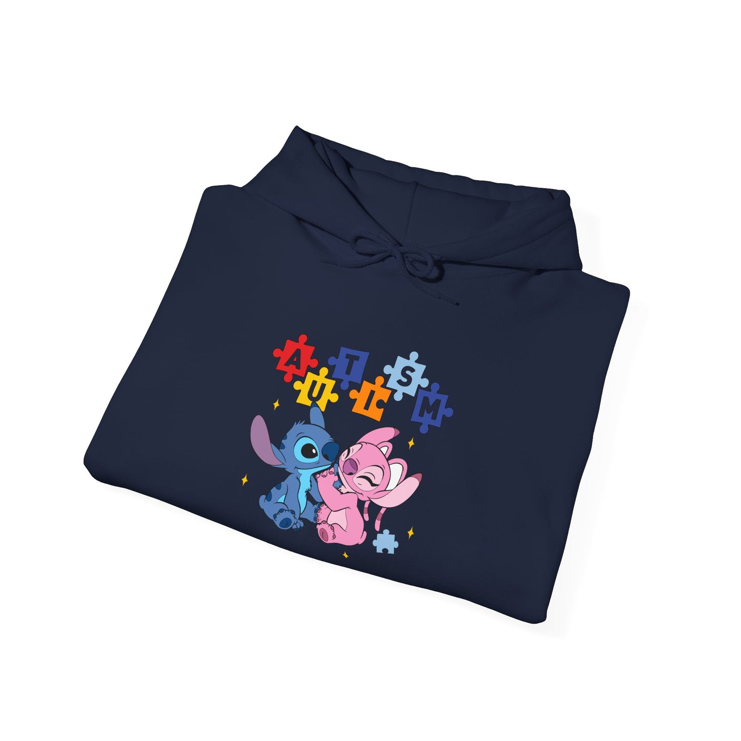 Cute Alien Pals Hoodie — Pink & Blue Cartoon Stitch-Style Characters with Puzzle Heart