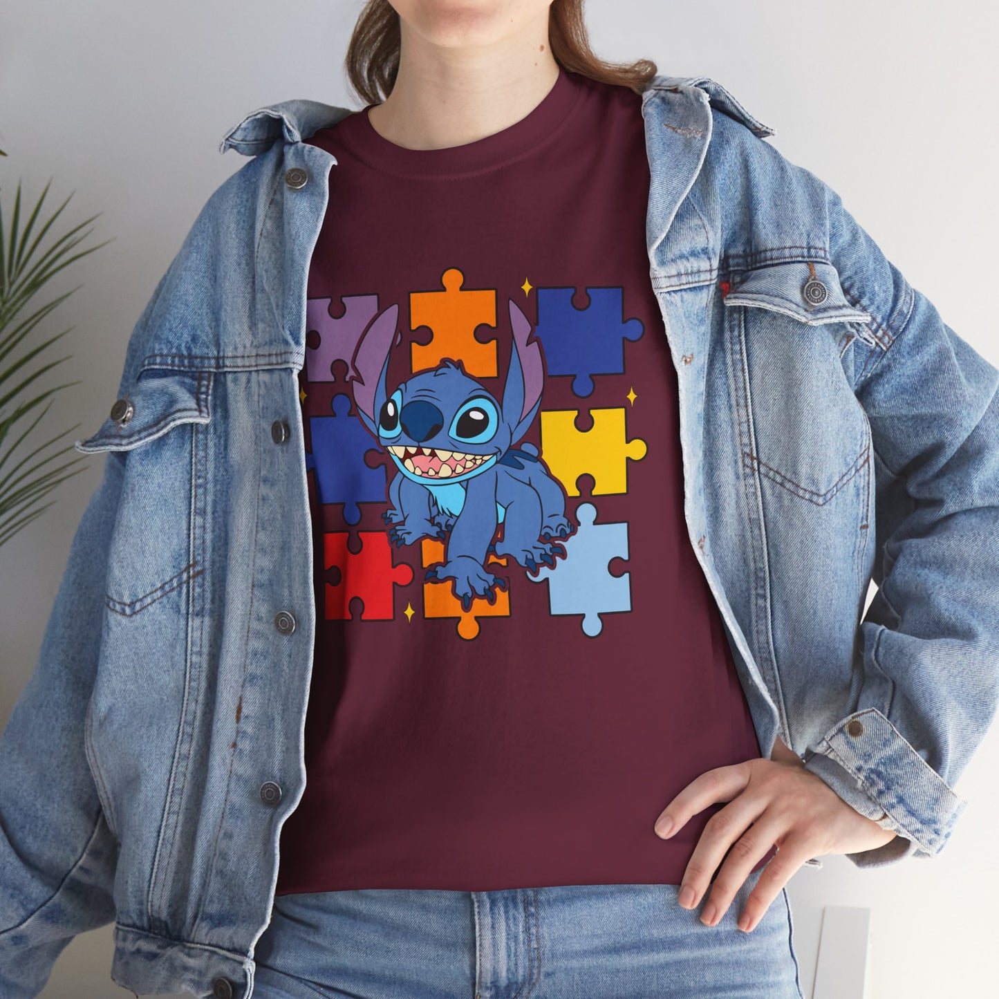 Puzzle Pieces Tee — Cute Blue Alien Character on Colorful Autism Puzzle Background