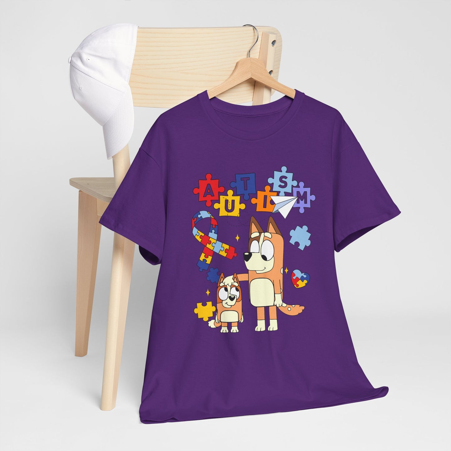 Autism Awareness Puzzle Ribbon Tee — Cute Red Dog Family Design