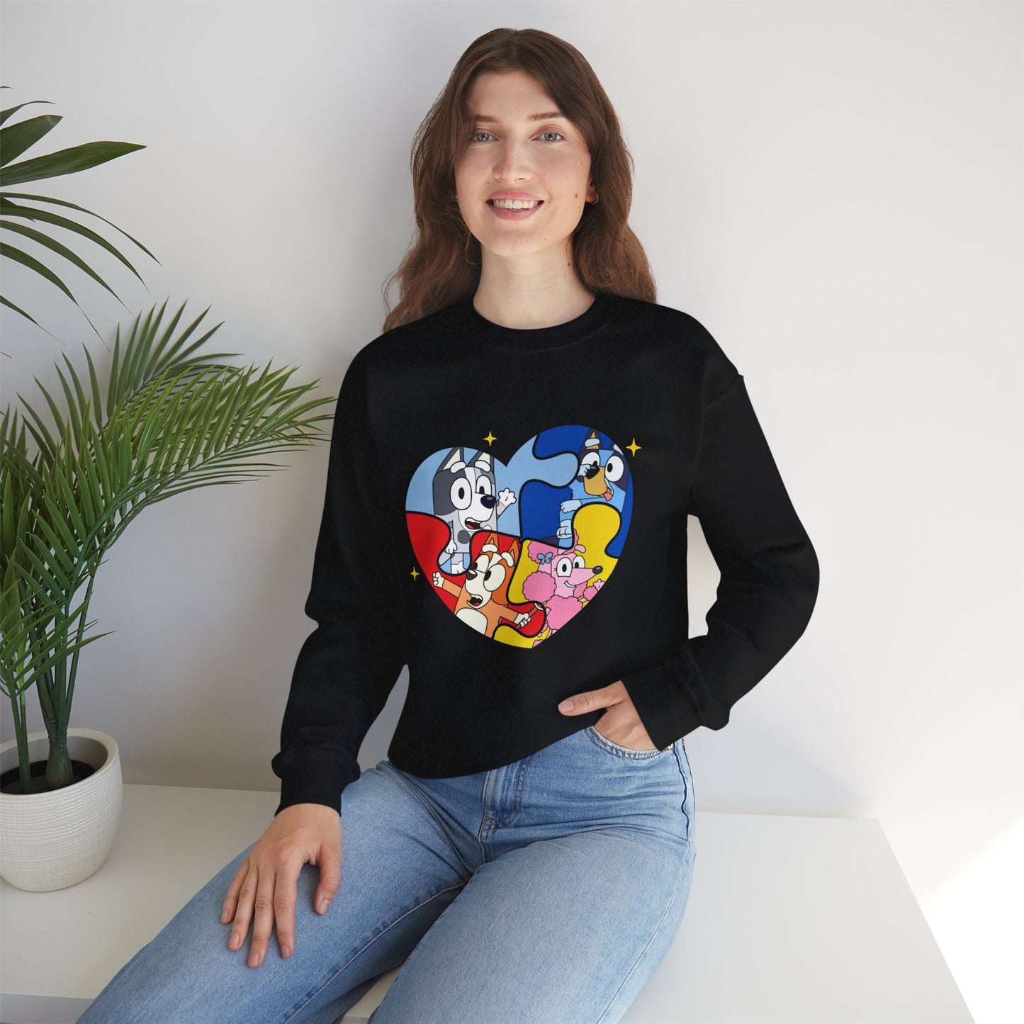 Cartoon Heart Crewneck Sweatshirt — Cute Colorful Character Patch Design