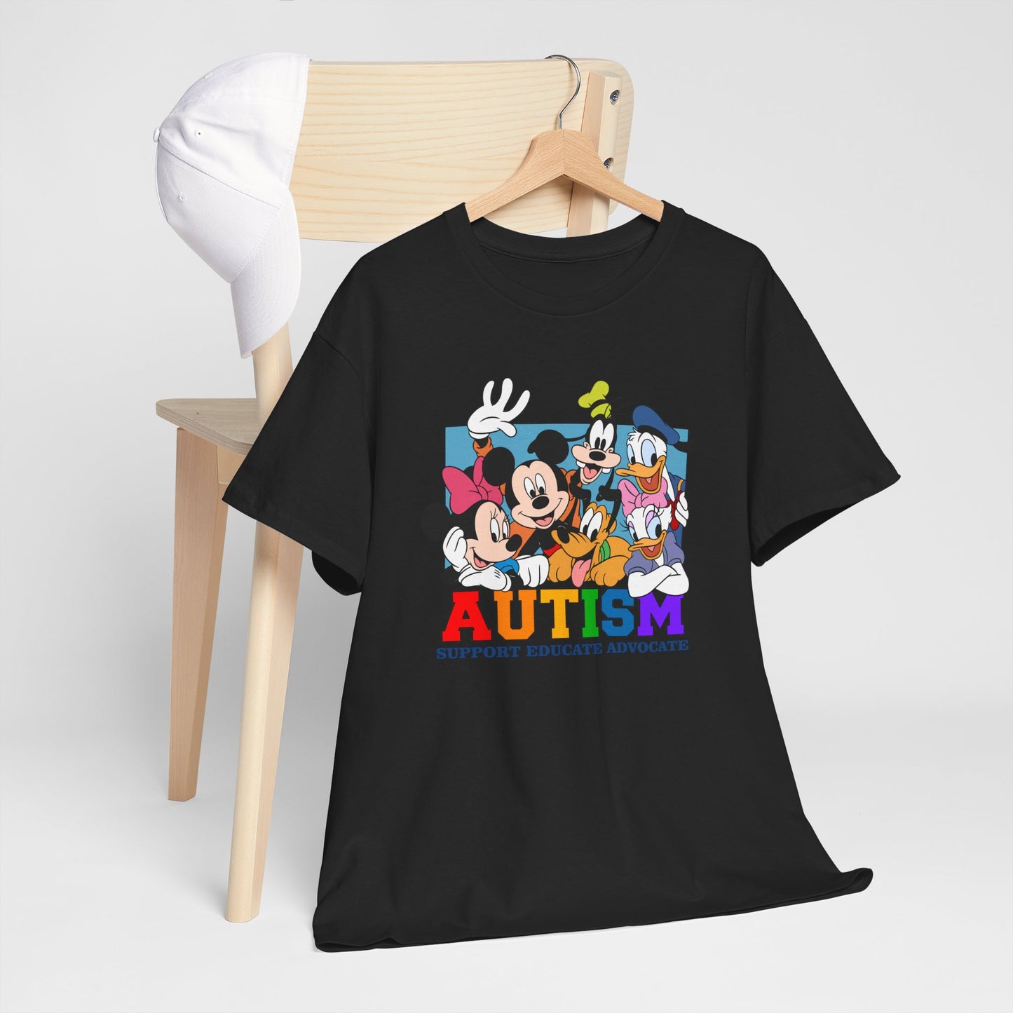 Autism Awareness T-Shirt — "AUTISM: Support Educate Advocate" with Cartoon Characters