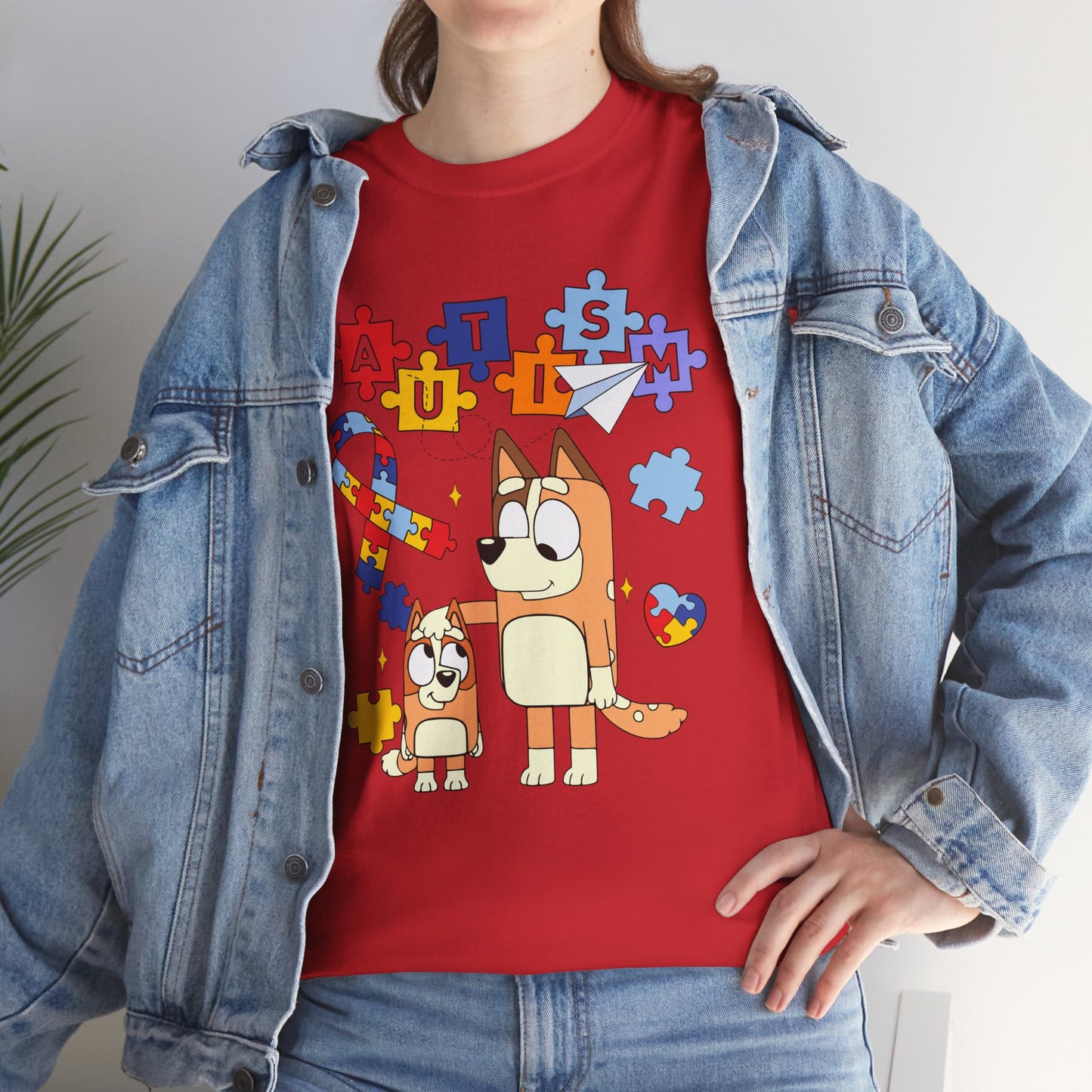 Autism Awareness Puzzle Ribbon Tee — Cute Red Dog Family Design