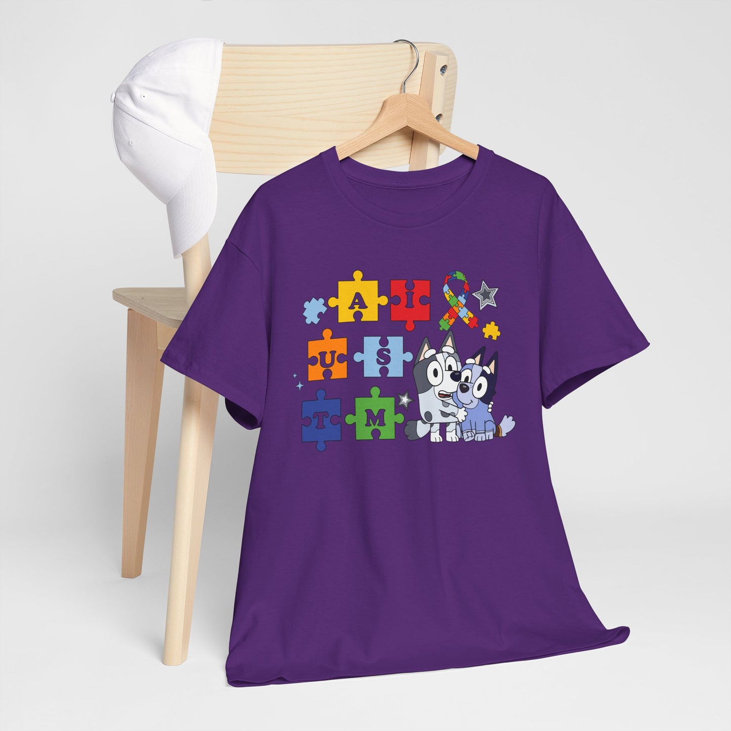 Autism Awareness Puzzle Pieces T-Shirt with Cute Husky & Ribbon