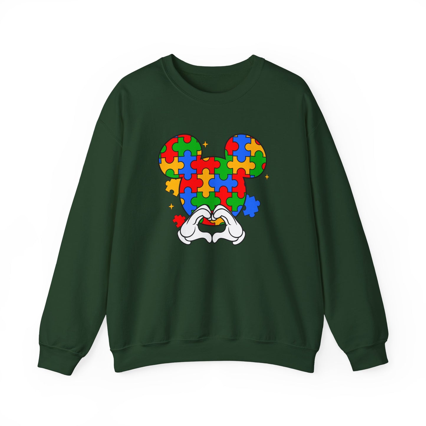 Autism Puzzle Mouse Crewneck Sweatshirt – Colorful Heart Hands Design