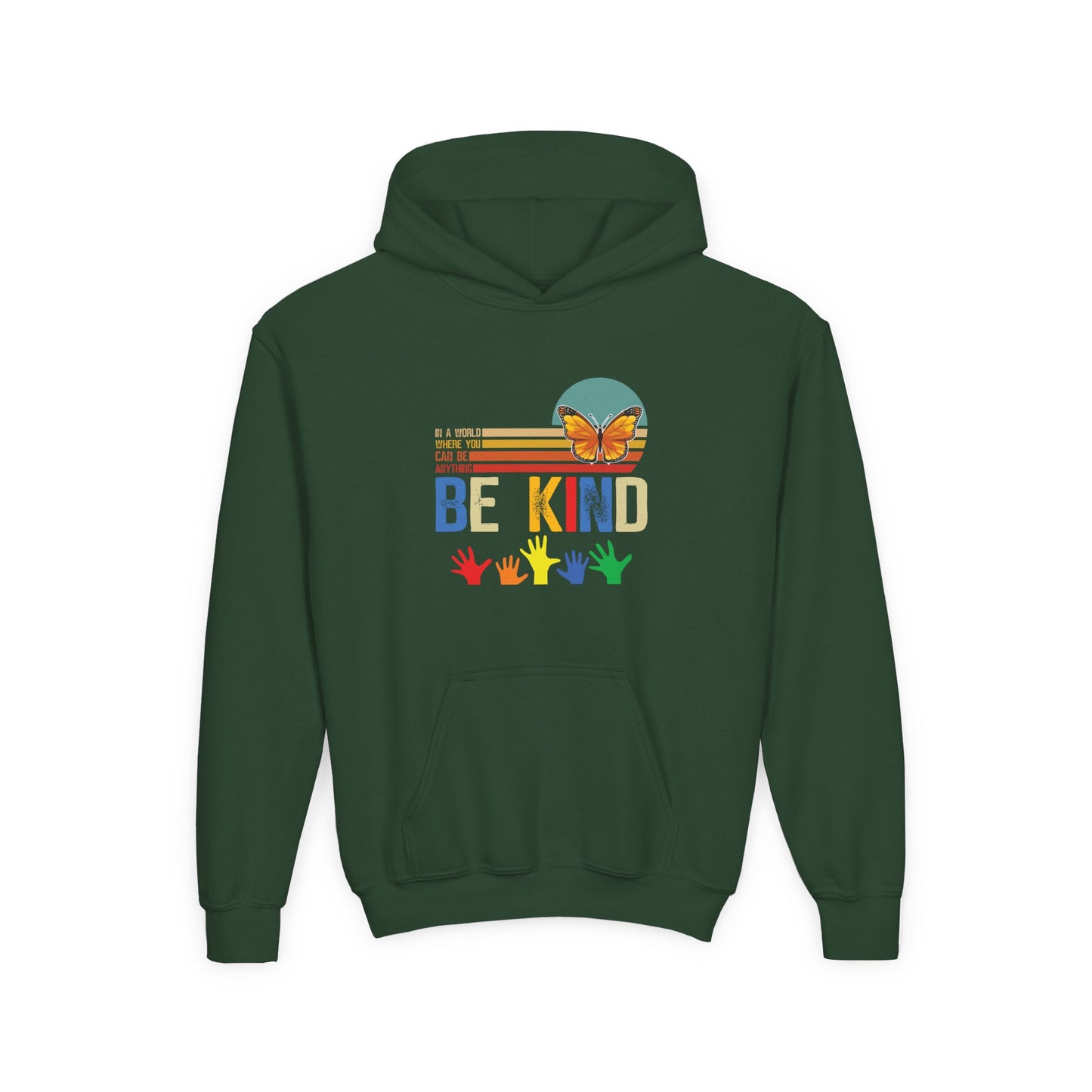 Be Kind Youth Hoodie - Colorful Butterfly & Handprint Design