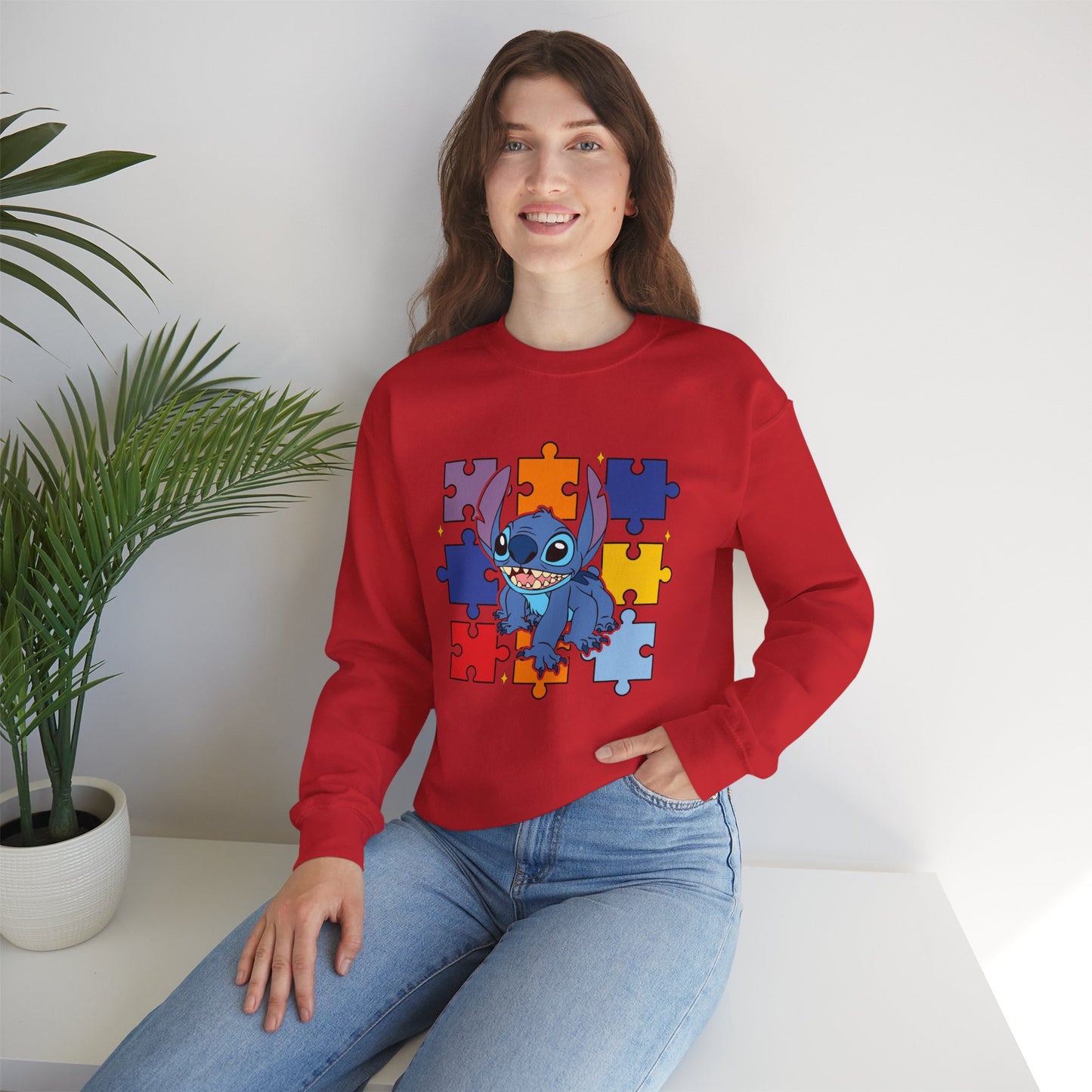 Stitch Puzzle Crewneck Sweatshirt — Cute Blue Alien on Colorful Jigsaw Design