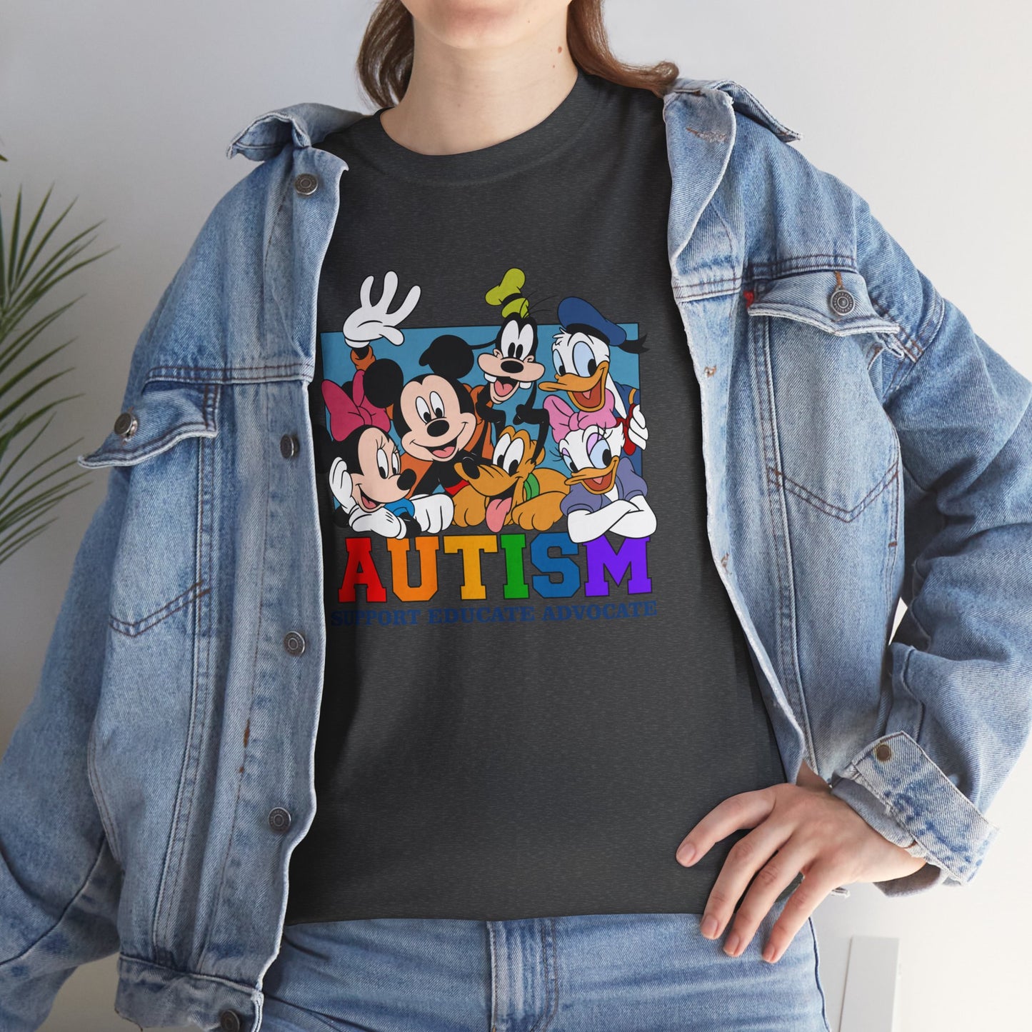 Autism Awareness T-Shirt — "AUTISM: Support Educate Advocate" with Cartoon Characters