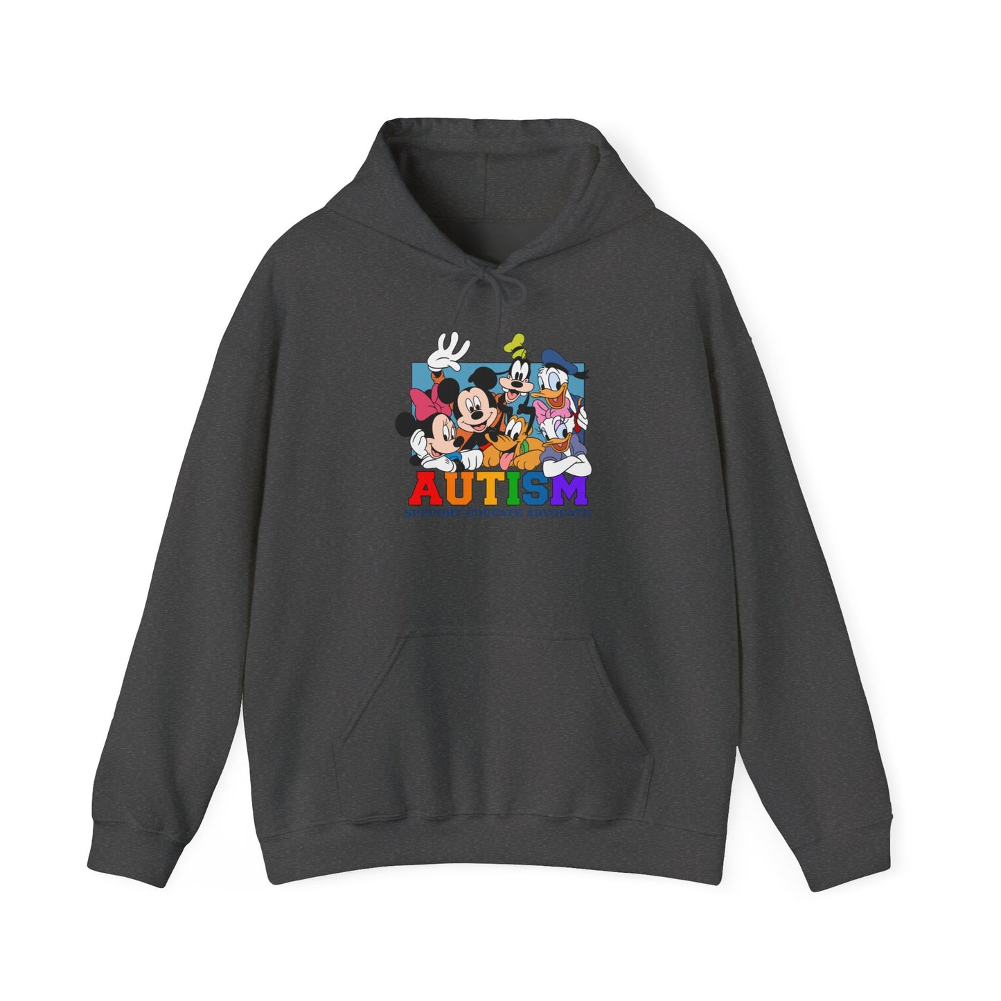 Autism Awareness Hoodie – Colorful Cartoon Characters 'Autism Support, Educate, Advocate'