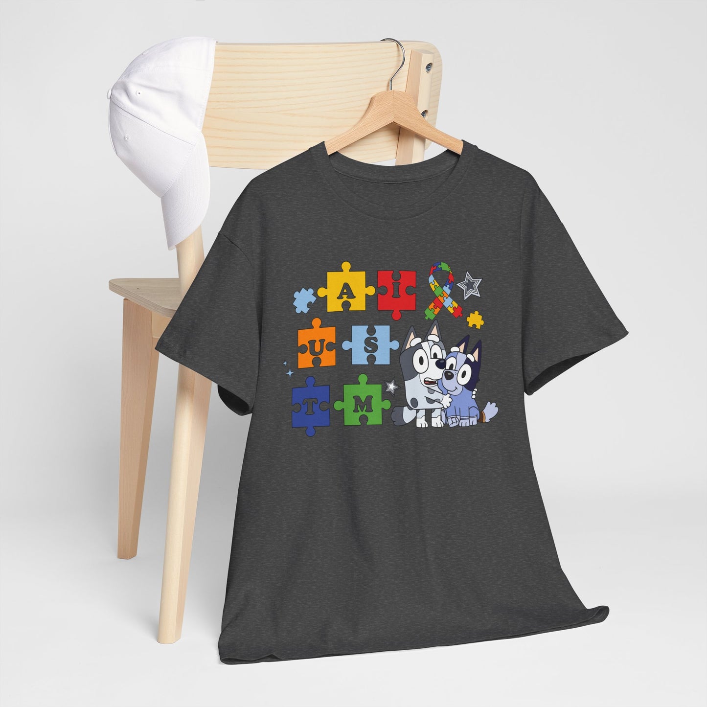 Autism Awareness Puzzle Pieces T-Shirt with Cute Husky & Ribbon
