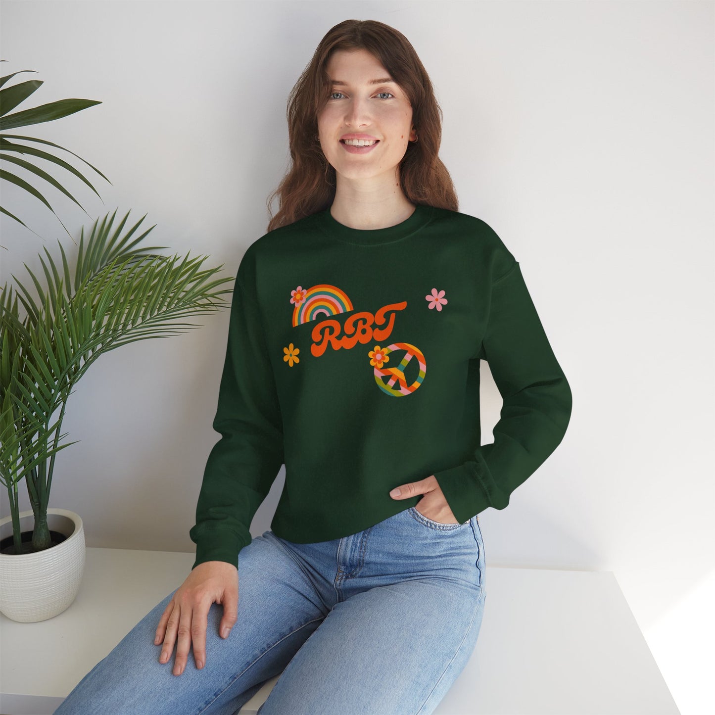 Retro Peace Rainbow Crewneck Sweatshirt — RBT Floral Groovy Design