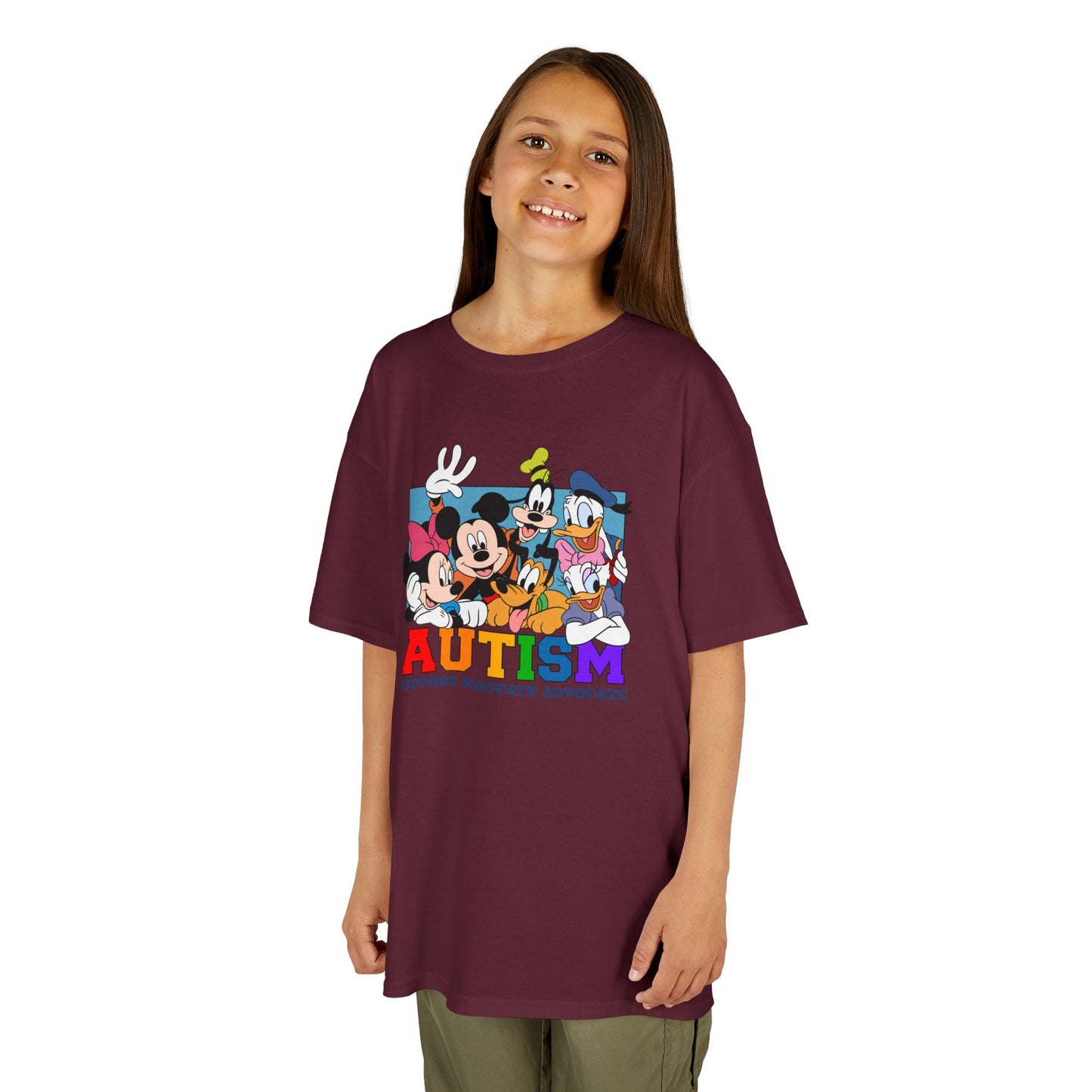 Kids Autism Awareness T-Shirt — Support, Educate, Advocate (Rainbow Letters)