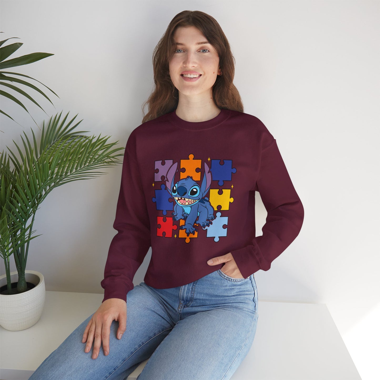 Stitch Puzzle Crewneck Sweatshirt — Cute Blue Alien on Colorful Jigsaw Design