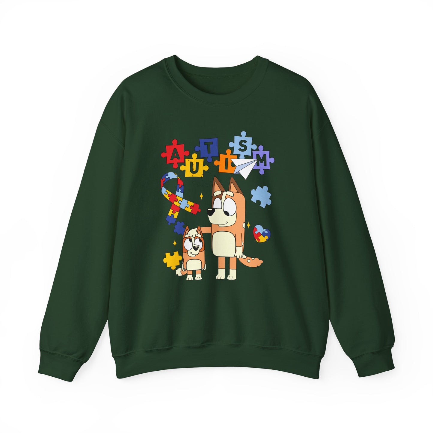 Autism Awareness Crewneck Sweatshirt — Puzzle Ribbon & Cartoon Dogs