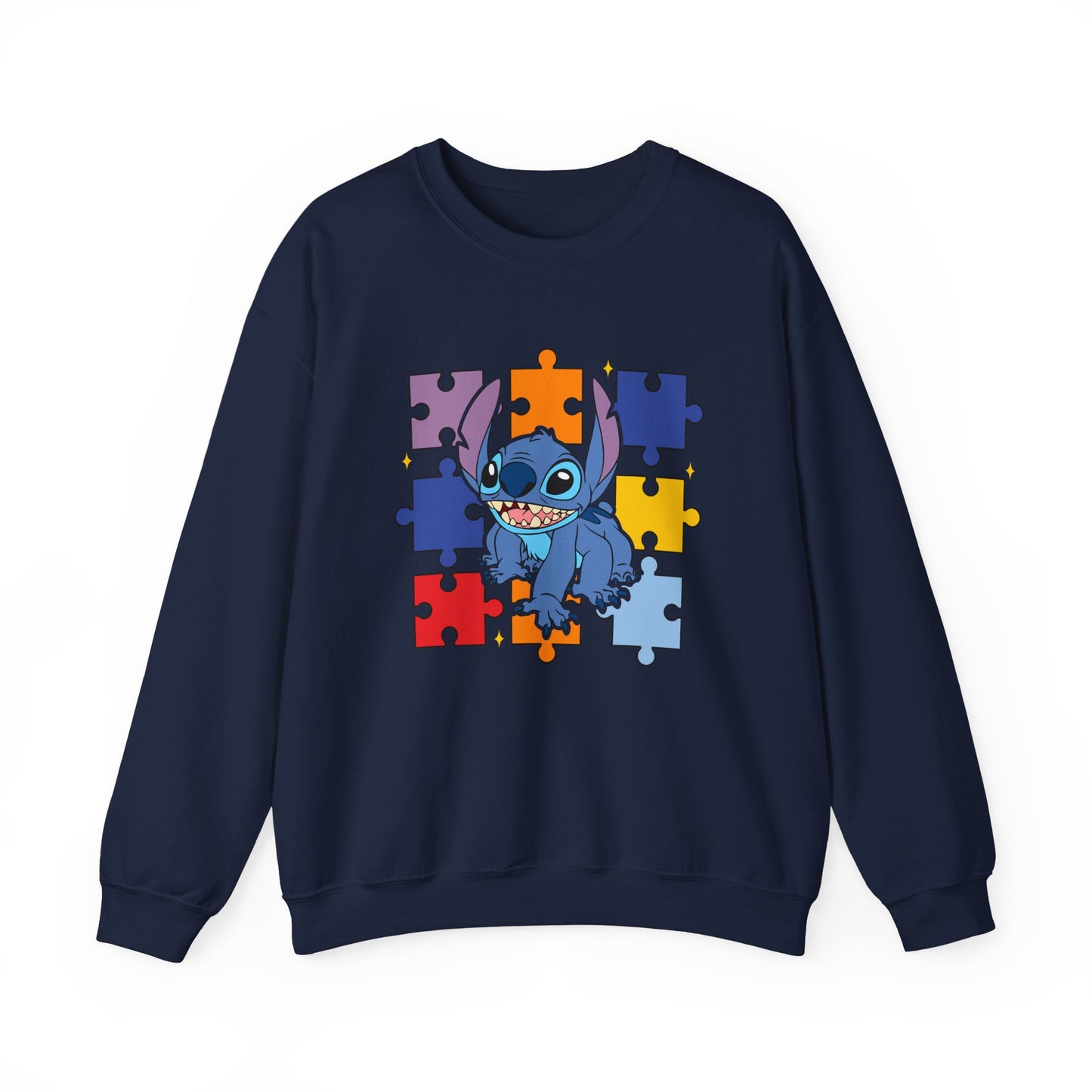 Stitch Puzzle Crewneck Sweatshirt — Cute Blue Alien on Colorful Jigsaw Design