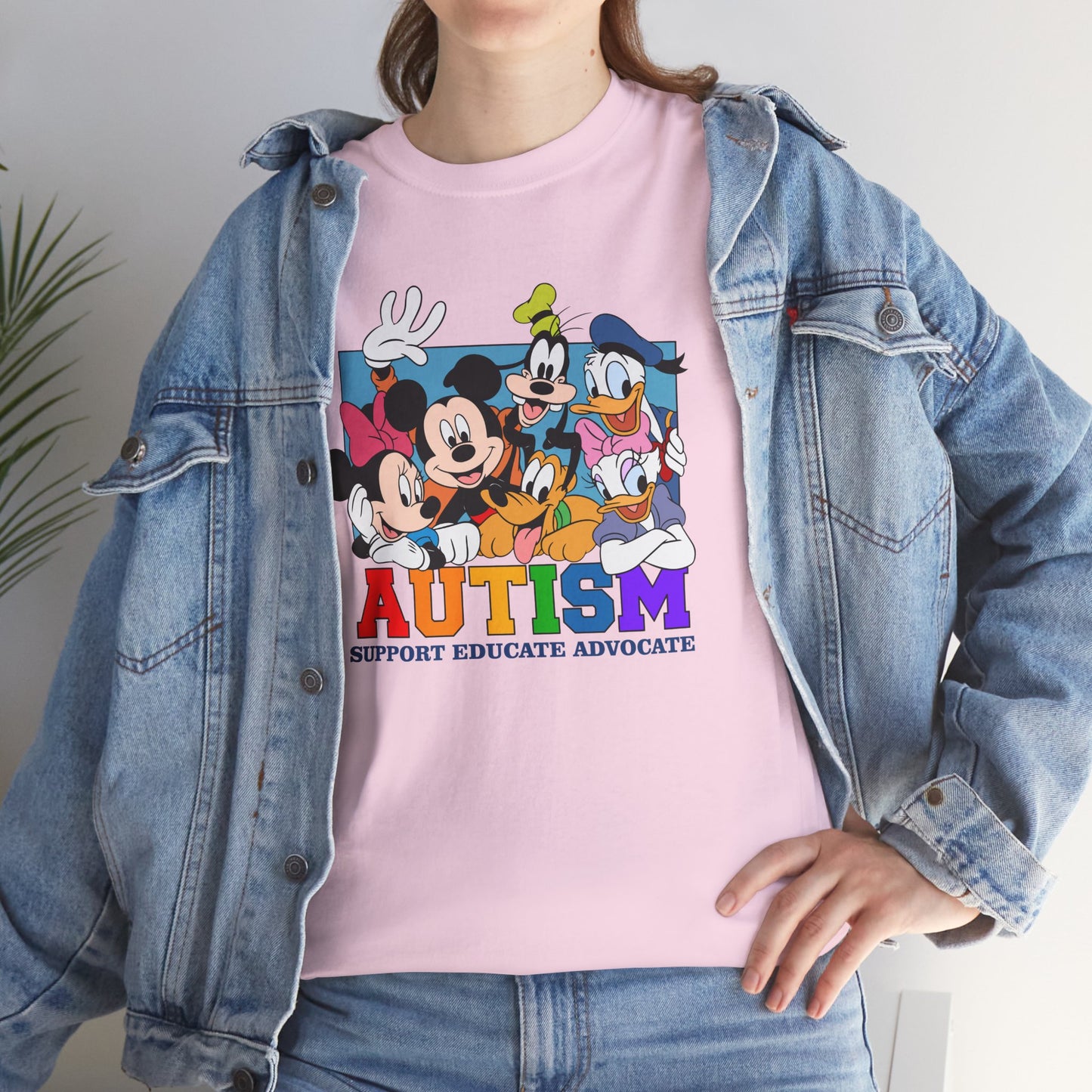 Autism Awareness T-Shirt — "AUTISM: Support Educate Advocate" with Cartoon Characters