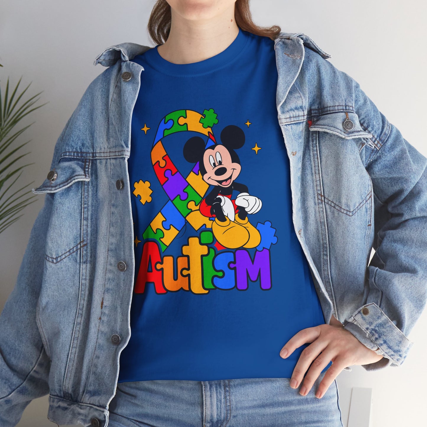 Autism Awareness Tee — Colorful Puzzle Ribbon & Cartoon Mouse Design