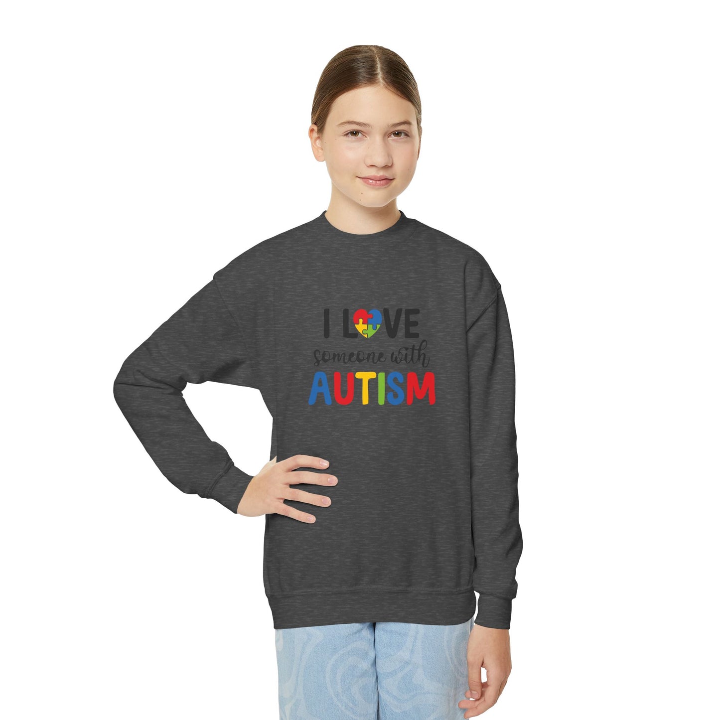 Autism Awareness Youth Crewneck Sweatshirt - I Love Someone with Autism