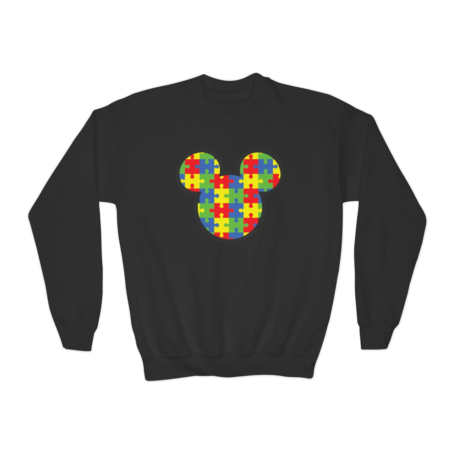Puzzle Mickey Youth Crewneck Sweatshirt - Colorful Autism Awareness Design