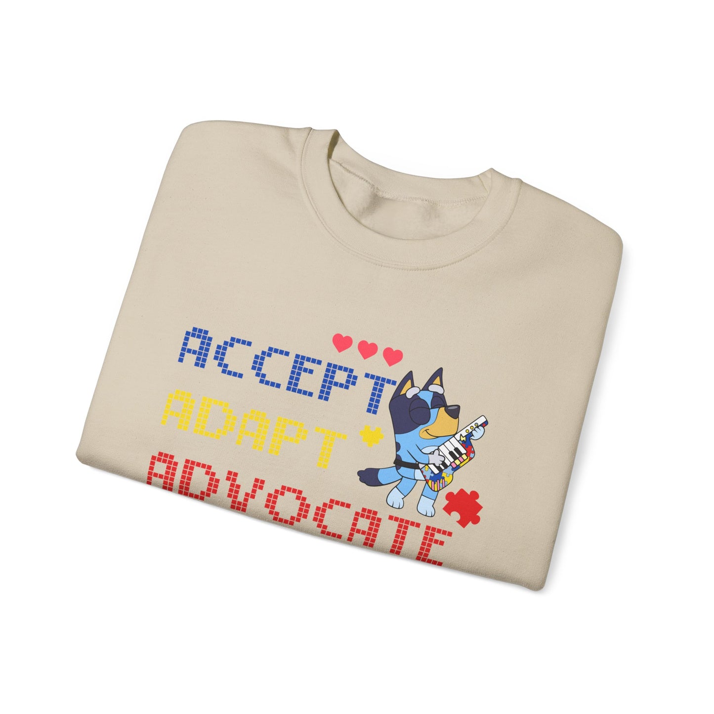 Accept Adapt Advocate Crewneck Sweatshirt — Autism Awareness Sweatshirt with Cute Character