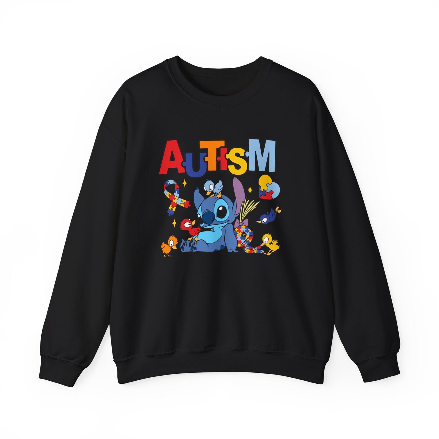Autism Awareness Crewneck Sweatshirt — Colorful Puzzle Ribbon Stitch-Inspired Design