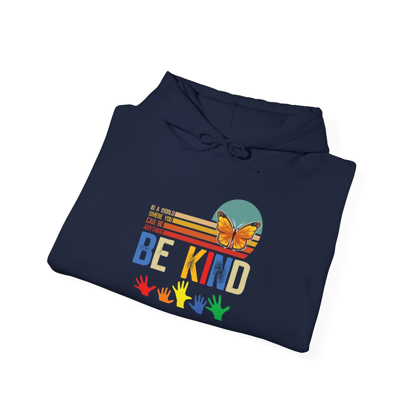 Be Kind Rainbow Hoodie — Retro Sunset Hands Kindness Sweatshirt