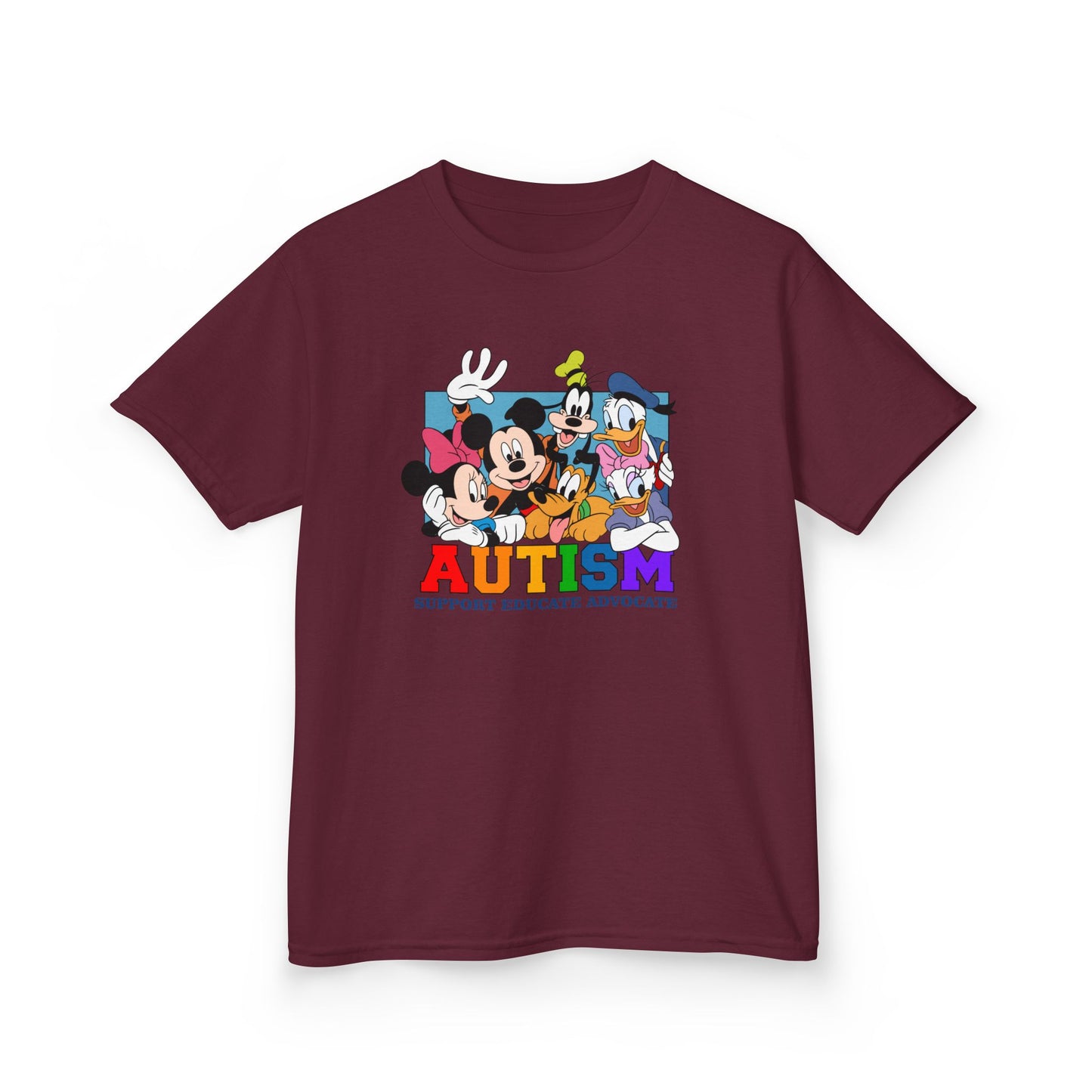 Kids Autism Awareness T-Shirt — Support, Educate, Advocate (Rainbow Letters)