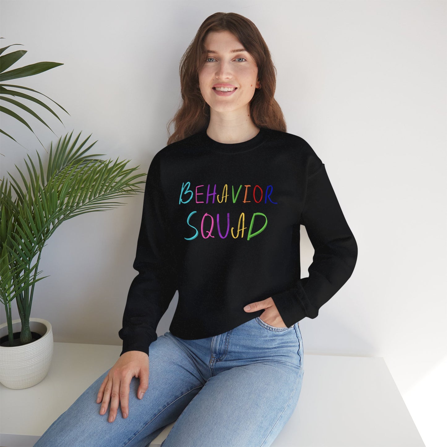 Behavior Squad Crewneck Sweatshirt — Colorful Handwritten Kids Behavior Team Top