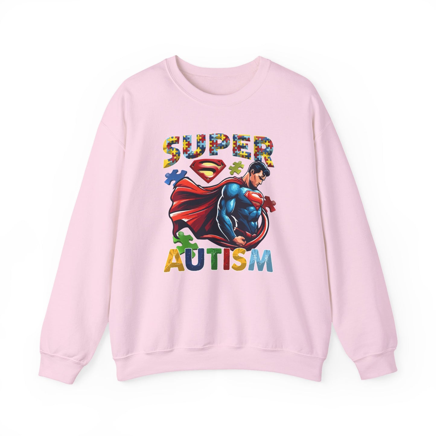 Autism Awareness Crewneck Sweatshirt – "Super Autism" Puzzle-Print Superhero Design