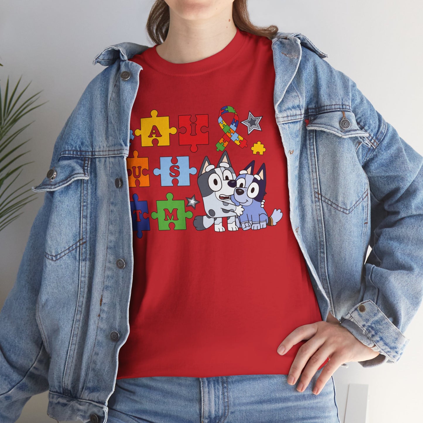 Autism Awareness Puzzle Pieces T-Shirt with Cute Husky & Ribbon